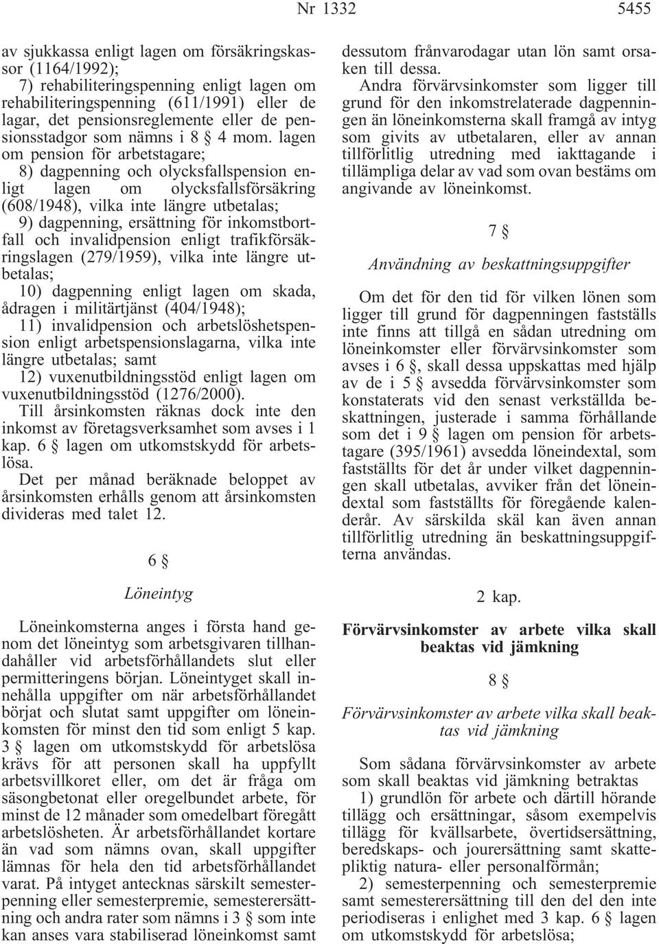 lagen om pension för arbetstagare; 8) dagpenning och olycksfallspension enligt lagen om olycksfallsförsäkring (608/1948), vilka inte längre utbetalas; 9) dagpenning, ersättning för inkomstbortfall