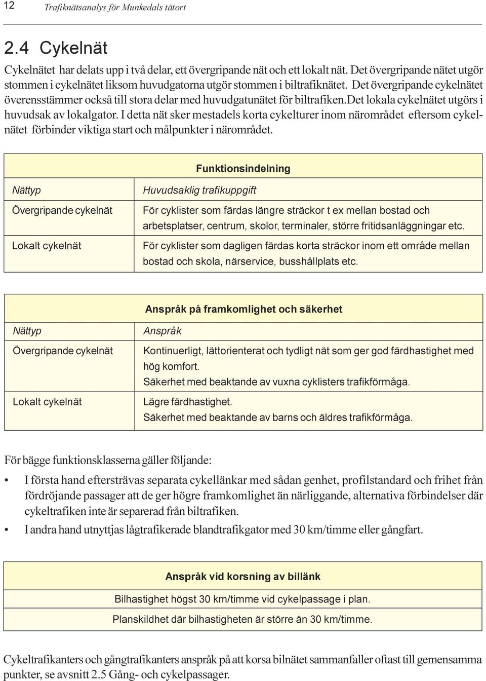 I detta nät sker mestadels korta cykelturer inom närområdet eftersom cykelnätet förbinder viktiga start och målpunkter i närområdet Funktionsindelning Nättyp Övergripande cykelnät Lokalt cykelnät