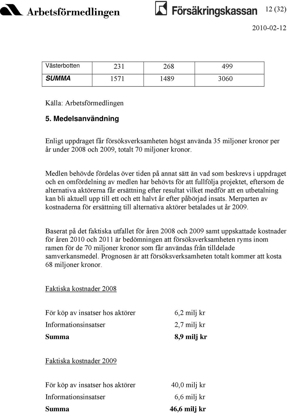 Medlen behövde fördelas över tiden på annat sätt än vad som beskrevs i uppdraget och en omfördelning av medlen har behövts för att fullfölja projektet, eftersom de alternativa aktörerna får