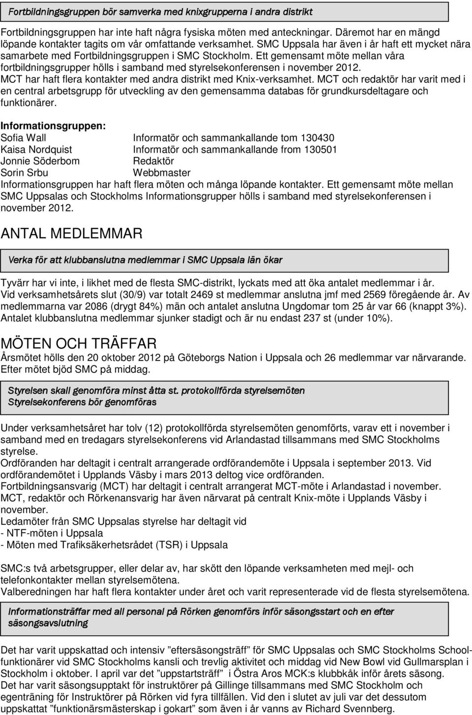 Ett gemensamt möte mellan våra fortbildningsgrupper hölls i samband med styrelsekonferensen i november 2012. MCT har haft flera kontakter med andra distrikt med Knix-verksamhet.