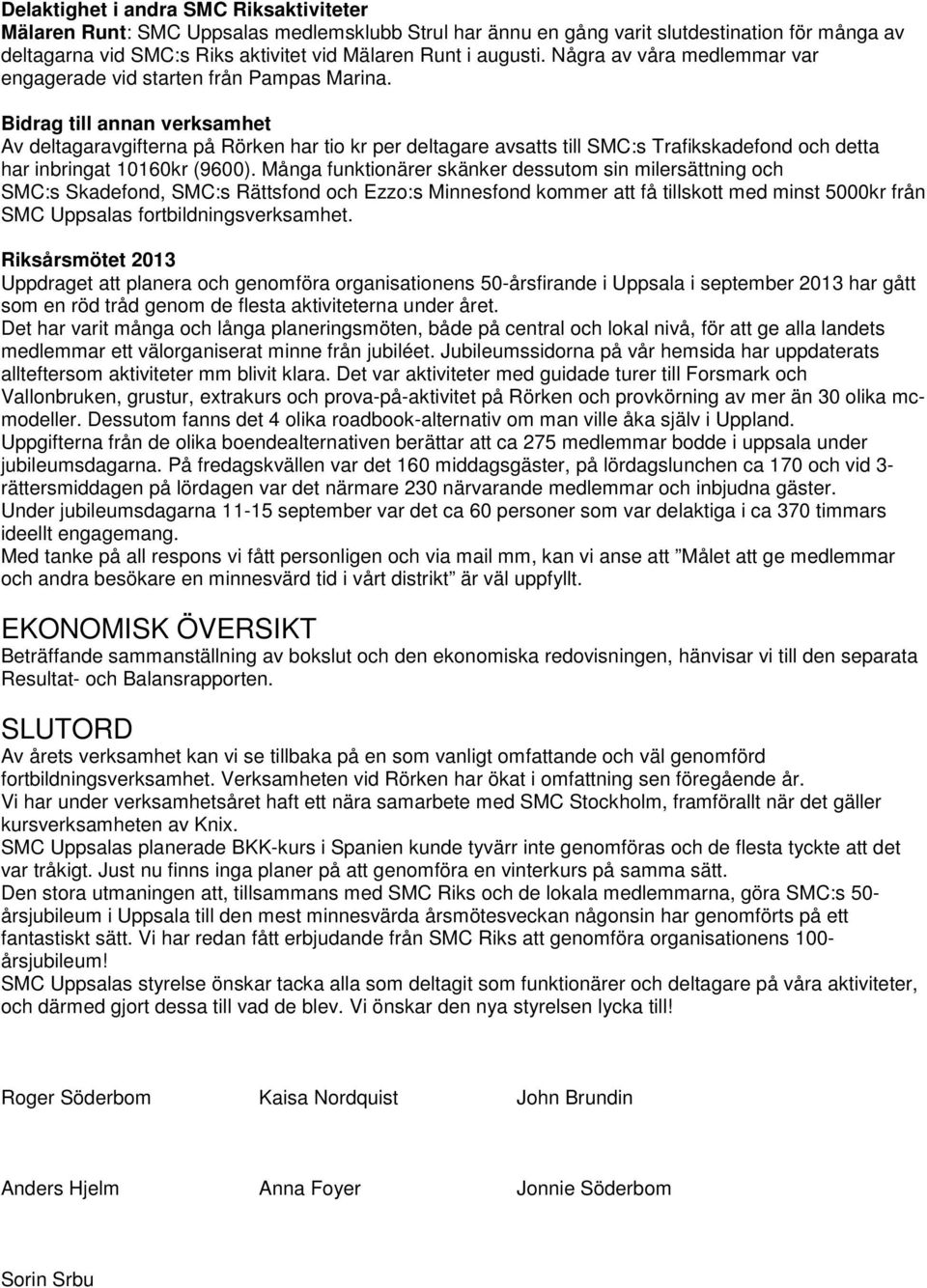 Bidrag till annan verksamhet Av deltagaravgifterna på Rörken har tio kr per deltagare avsatts till SMC:s Trafikskadefond och detta har inbringat 10160kr (9600).