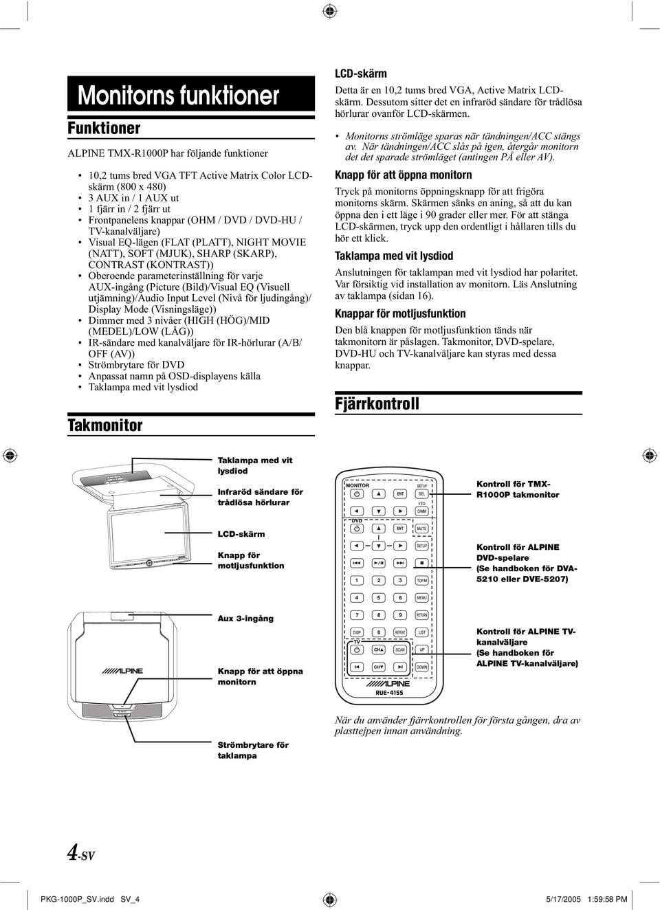 (Bild)/Visual EQ (Visuell utjämning)/audio Input Level (Nivå för ljudingång)/ Display Mode (Visningsläge)) Dimmer med 3 nivåer (HIGH (HÖG)/MID (MEDEL)/LOW (LÅG)) IR-sändare med kanalväljare för