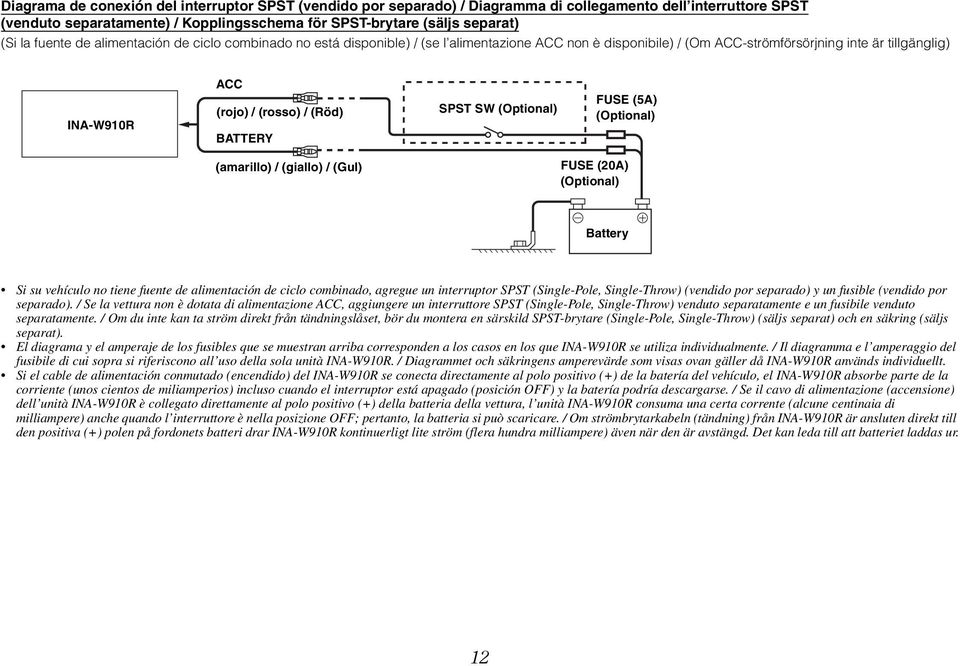 BATTERY SPST SW (Optional) FUSE (5A) (Optional) (amarillo) / (giallo) / (Gul) FUSE (20A) (Optional) Battery Si su vehículo no tiene fuente de alimentación de ciclo combinado, agregue un interruptor