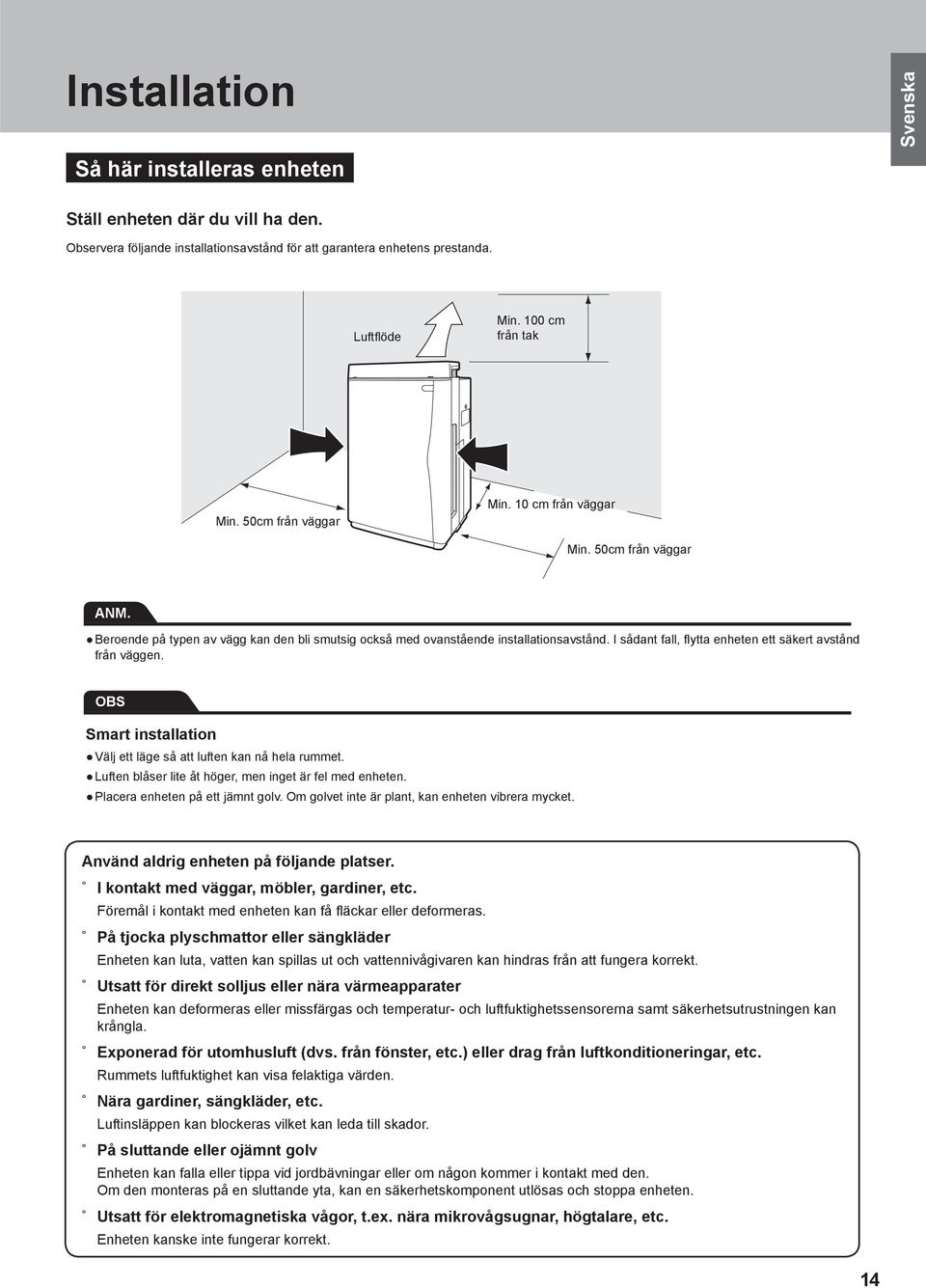 I sådant fall, flytta enheten ett säkert avstånd från väggen. OBS Smart installation Välj ett läge så att luften kan nå hela rummet. Luften blåser lite åt höger, men inget är fel med enheten.