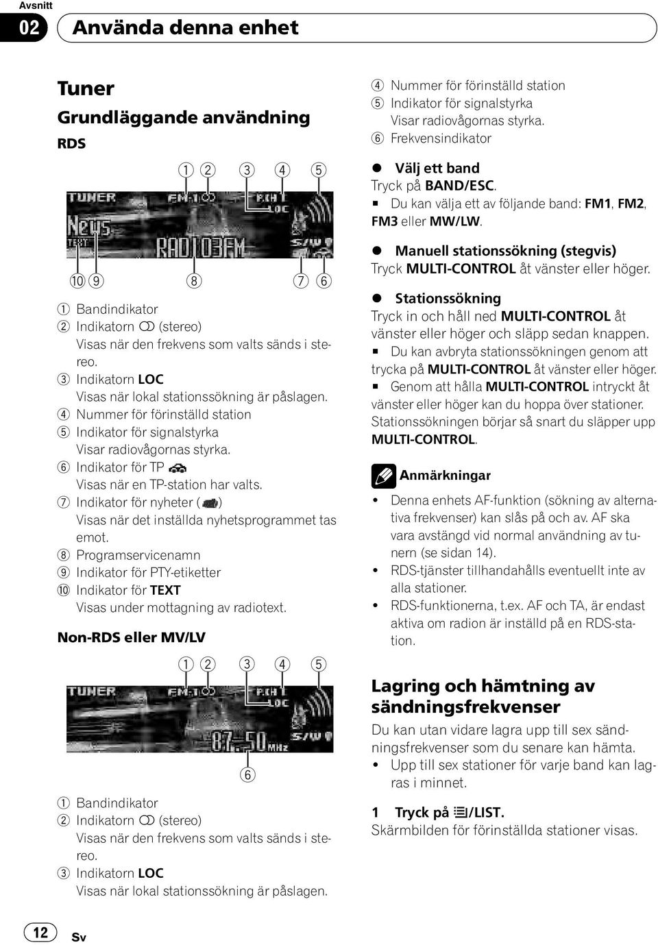 6 Indikator för TP Visas när en TP-station har valts. 7 Indikator för nyheter ( ) Visas när det inställda nyhetsprogrammet tas emot.