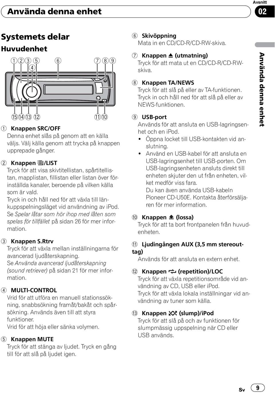 Tryck in och håll ned för att växla till länkuppspelningsläget vid användning av ipod. Se Spelar låtar som hör ihop med låten som spelas för tillfället på sidan 26 för mer information. 3 Knappen S.