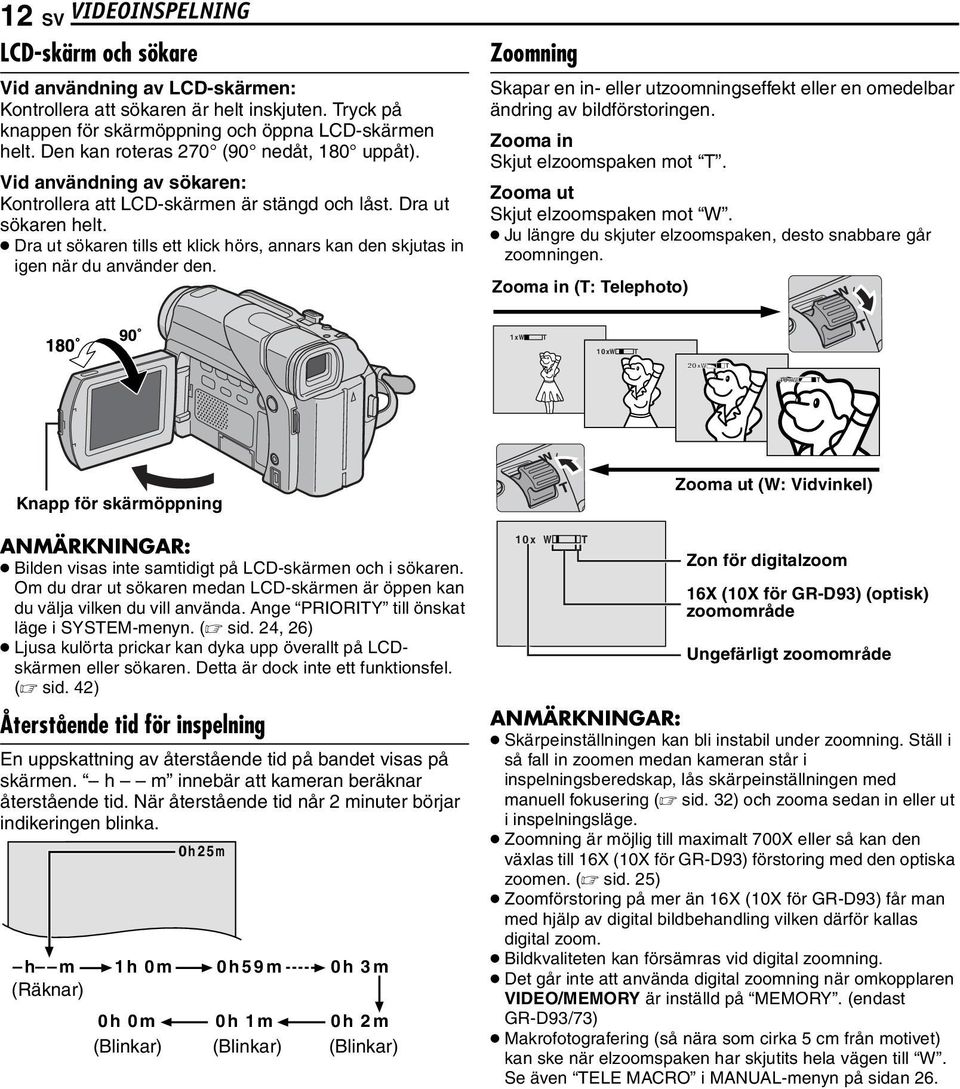 Dra ut sökaren tills ett klick hörs, annars kan den skjutas in igen när du använder den. Zoomning Skapar en in- eller utzoomningseffekt eller en omedelbar ändring av bildförstoringen.