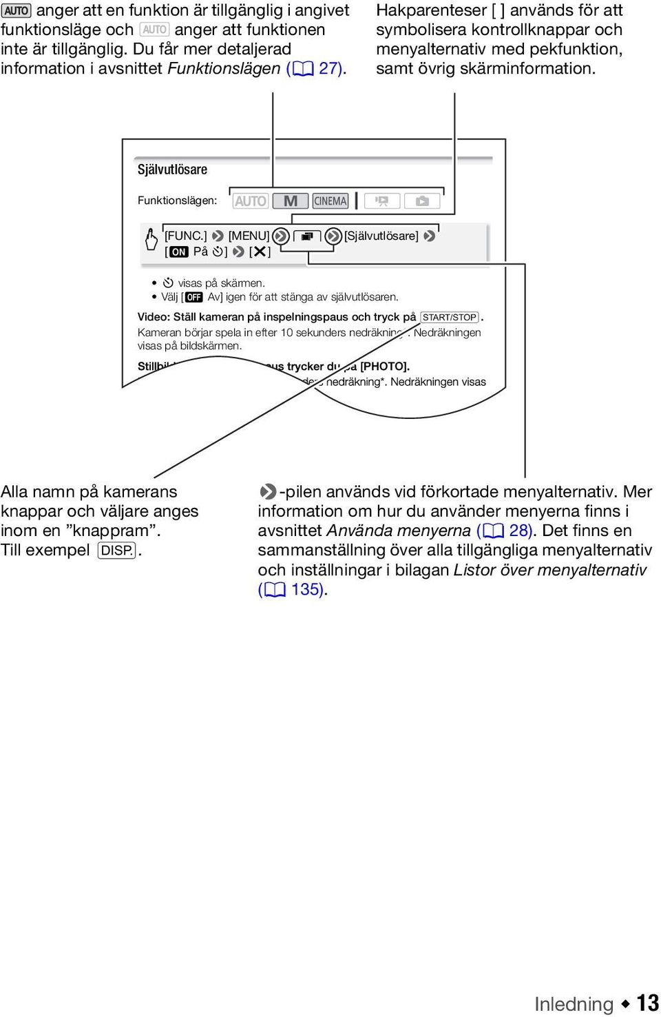 ] 8 [MENU] 8 8 8 [Självutlösare] 8 [A På n] 8 [a] n visas på skärmen. Välj [B Av] igen för att stänga av självutlösaren. Video: Ställ kameran på inspelningspaus och tryck på g.