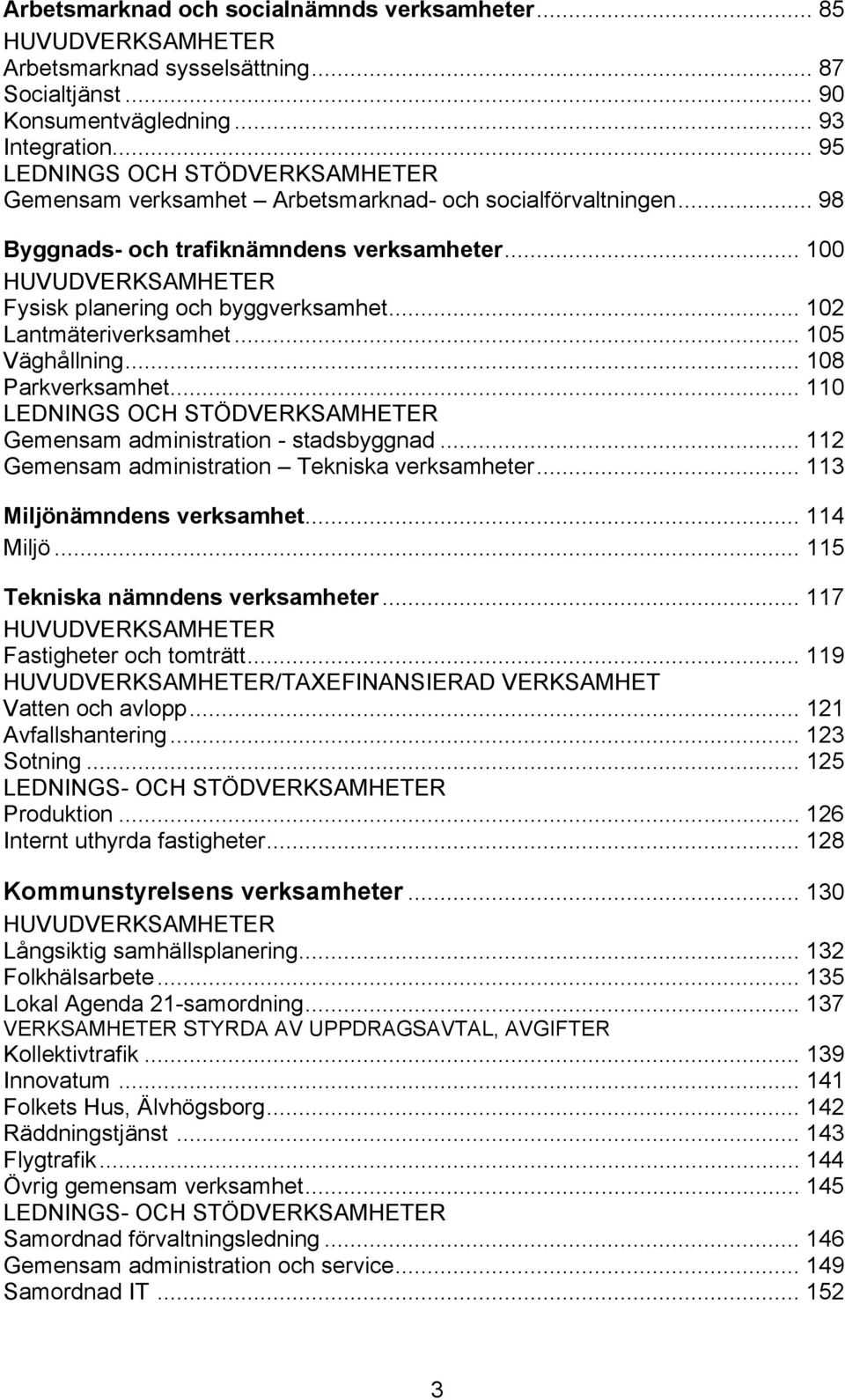 .. 100 HUVUDVERKSAMHETER Fysisk planering och byggverksamhet... 102 Lantmäteriverksamhet... 105 Väghållning... 108 Parkverksamhet.