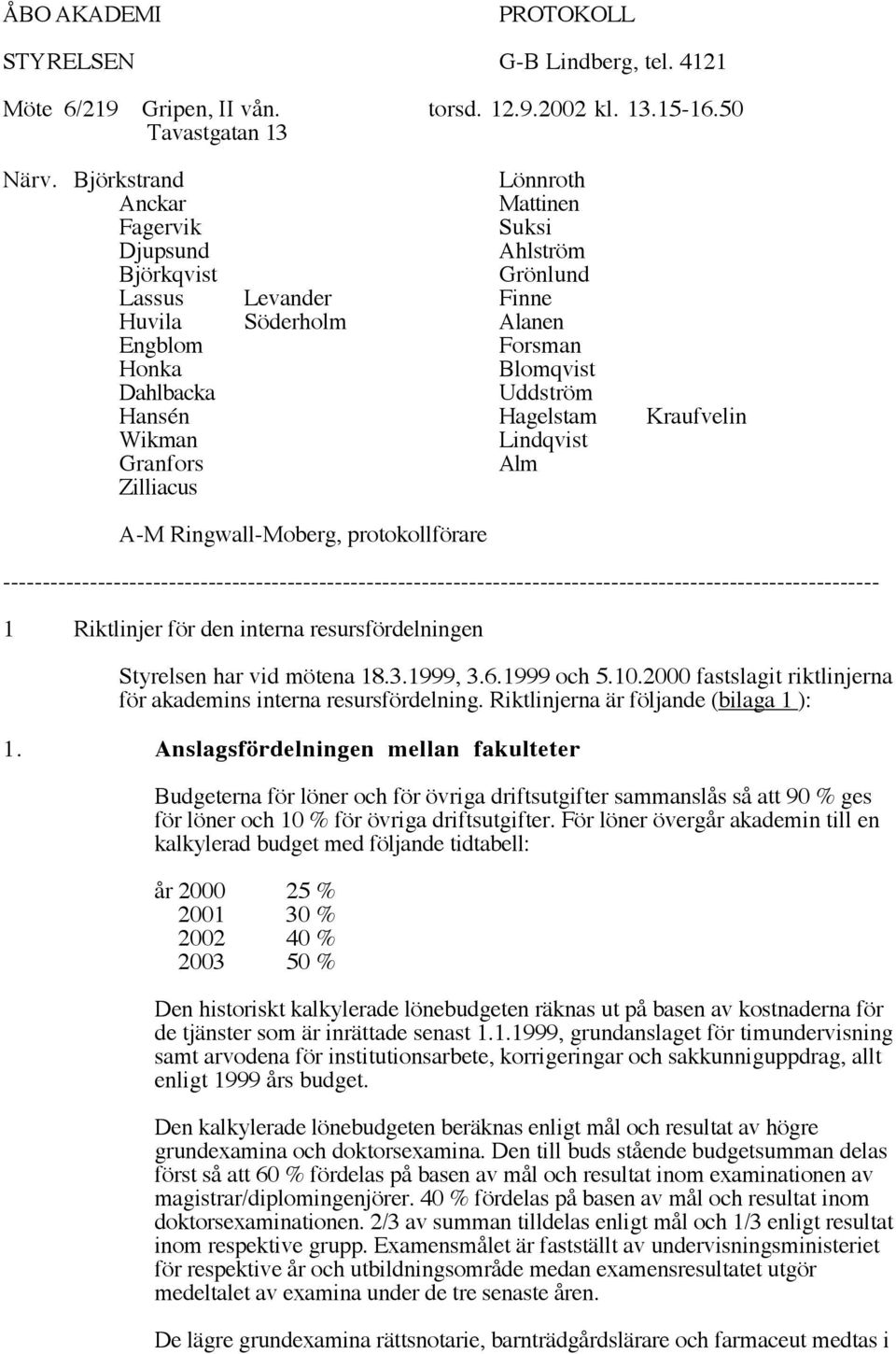 Hagelstam Kraufvelin Wikman Lindqvist Granfors Alm Zilliacus A-M Ringwall-Moberg, protokollförare