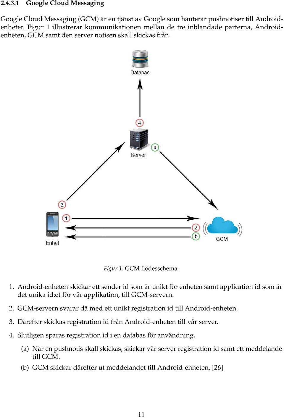 2. GCM-servern svarar då med ett unikt registration id till Android-enheten. 3. Därefter skickas registration id från Android-enheten till vår server. 4.