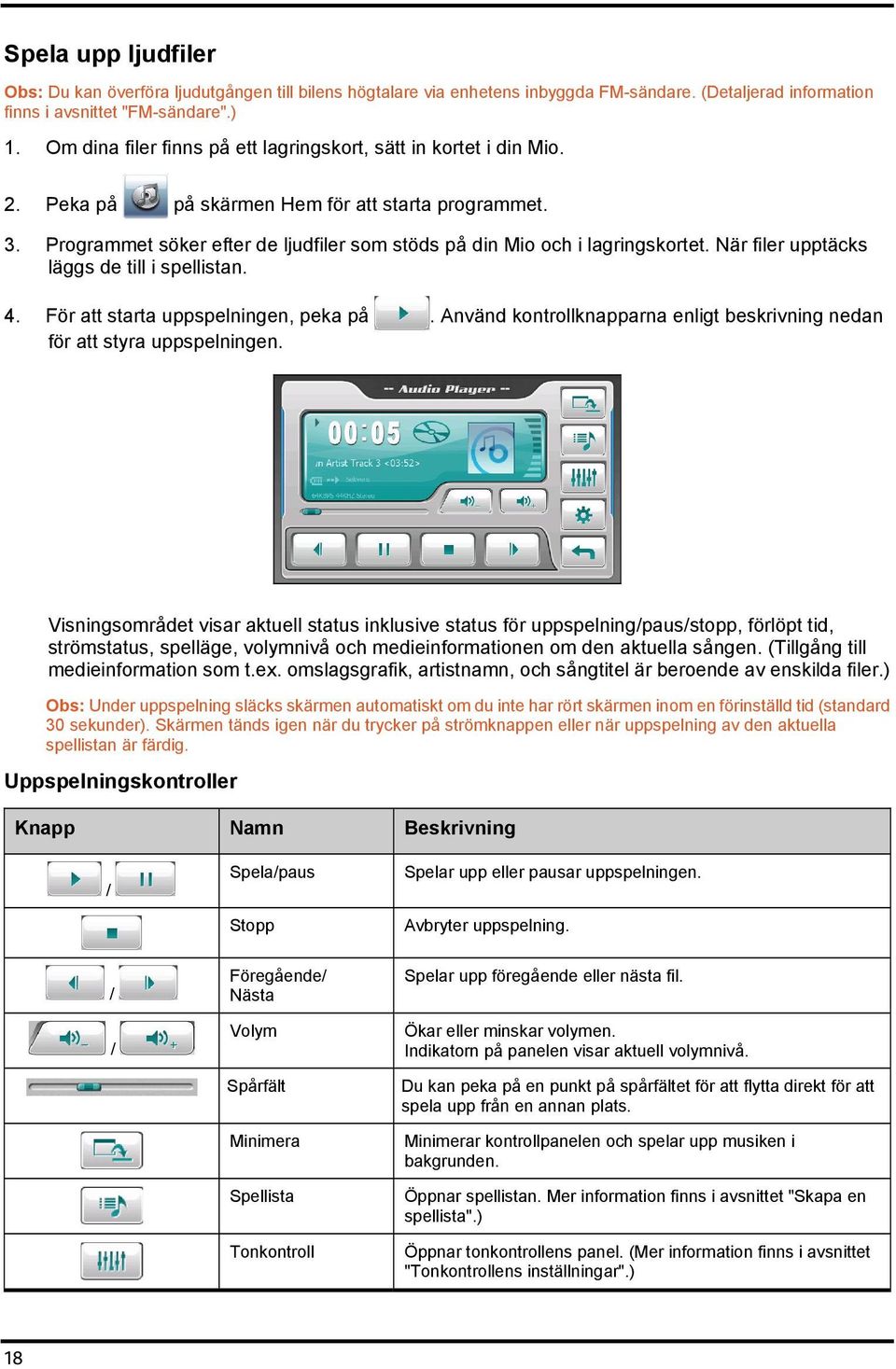 Programmet söker efter de ljudfiler som stöds på din Mio och i lagringskortet. När filer upptäcks läggs de till i spellistan. 4. För att starta uppspelningen, peka på.