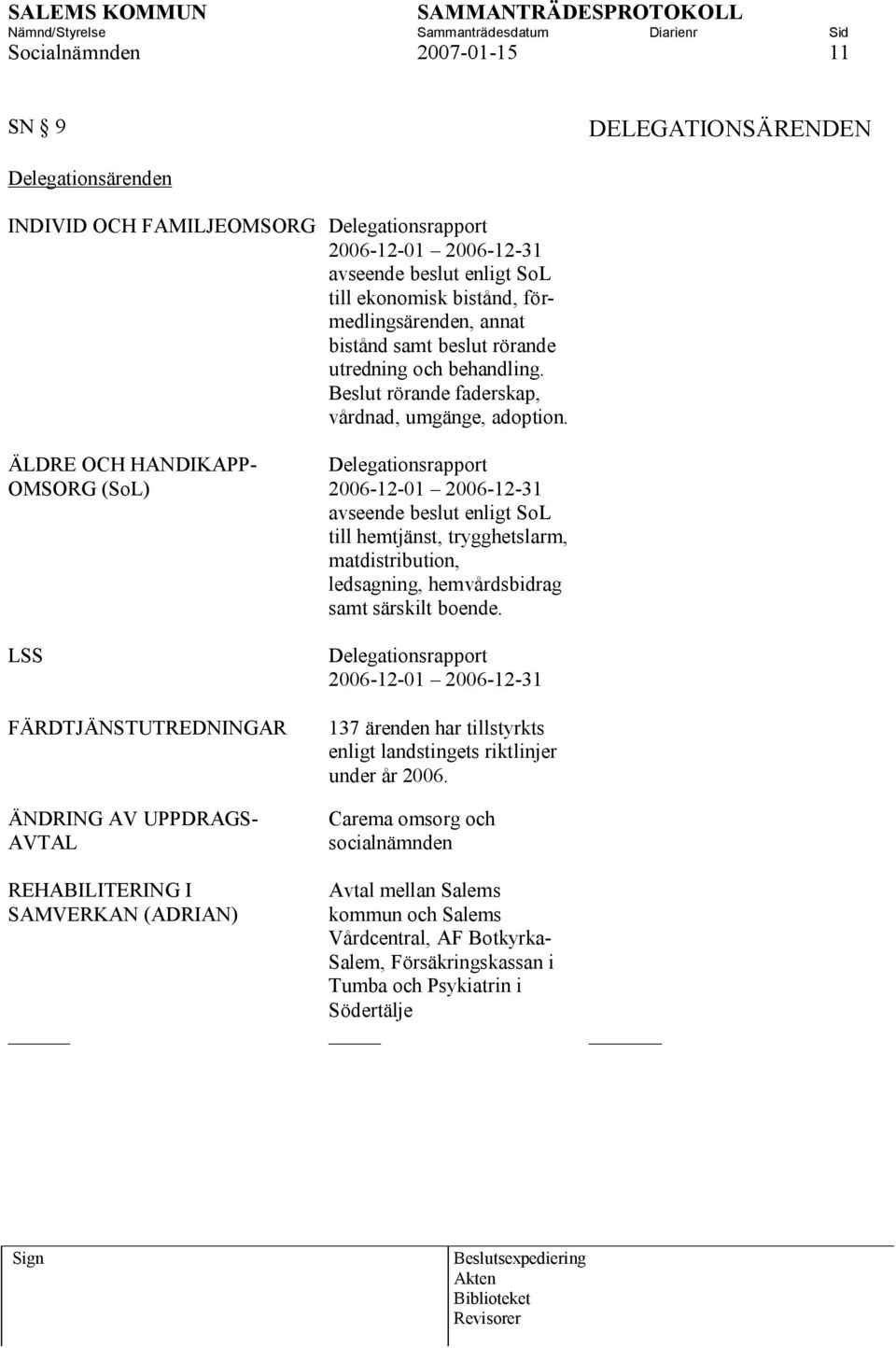 ÄLDRE OCH HANDIKAPP- OMSORG (SoL) LSS FÄRDTJÄNSTUTREDNINGAR ÄNDRING AV UPPDRAGS- AVTAL REHABILITERING I SAMVERKAN (ADRIAN) Delegationsrapport 2006-12-01 2006-12-31 avseende beslut enligt SoL till