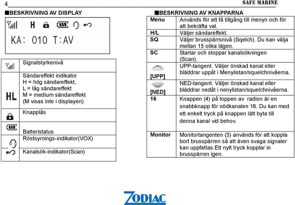 SQ Väljer brusspärrsnivå (Sqelch). Du kan välja mellan 15 olika lägen. SC Startar och stoppar kanalsökningen (Scan). UPP-tangent. Väljer önskad kanal eller bläddrar uppåt i Menylistan/squelchnivåerna.