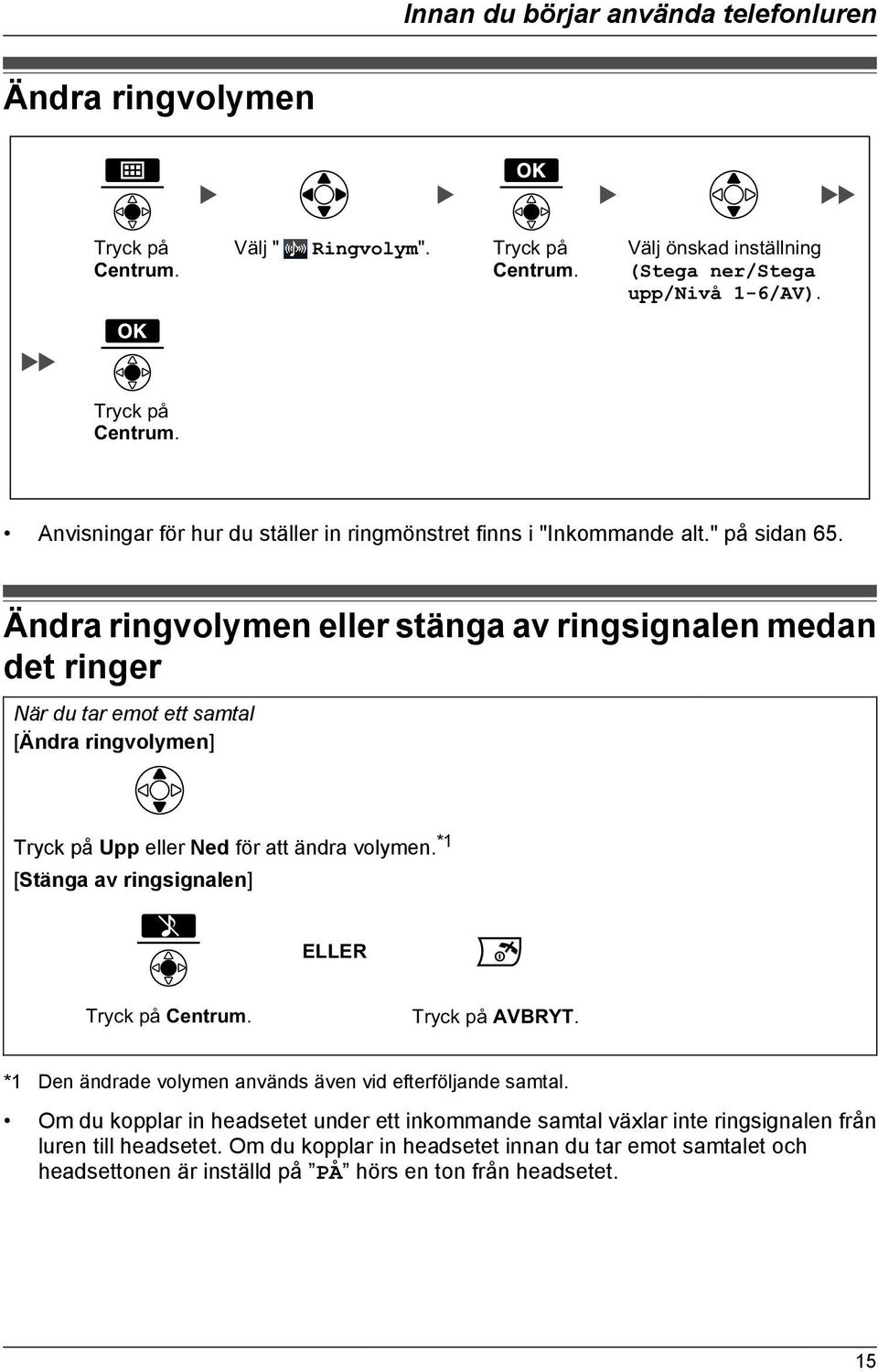 Ändra ringvolymen eller stänga av ringsignalen medan det ringer När du tar emot ett samtal [Ändra ringvolymen] Upp eller Ned för att ändra volymen.