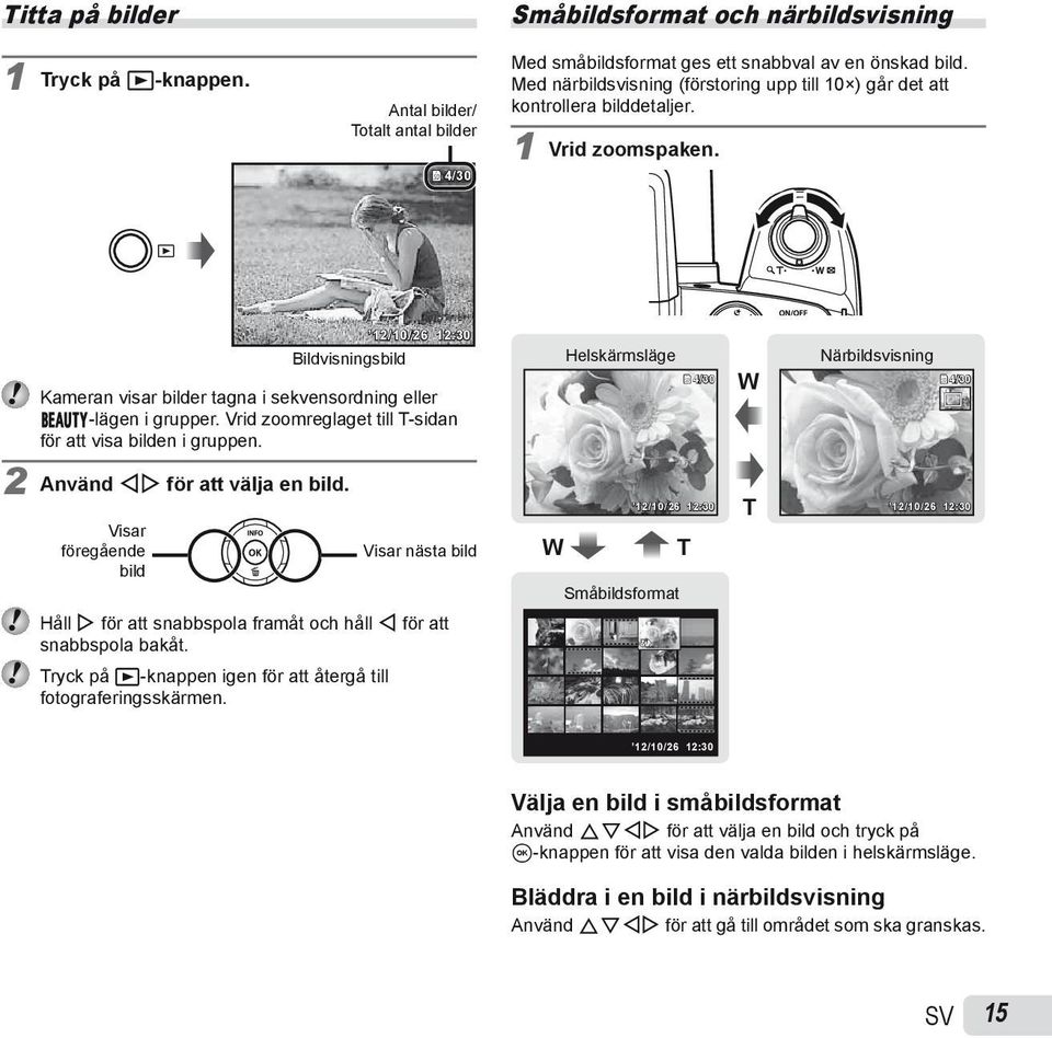 Bildvisningsbild 12/10/26 12:30 Kameran visar bilder tagna i sekvensordning eller Q-lägen i grupper. Vrid zoomreglaget till T-sidan för att visa bilden i gruppen. 2 Använd HI för att välja en bild.