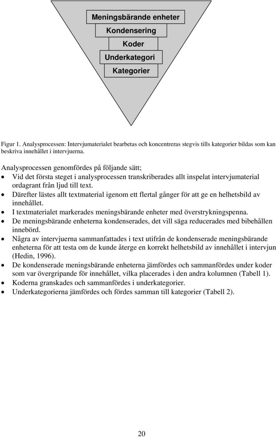 Analysprocessen genomfördes på följande sätt; Vid det första steget i analysprocessen transkriberades allt inspelat intervjumaterial ordagrant från ljud till text.