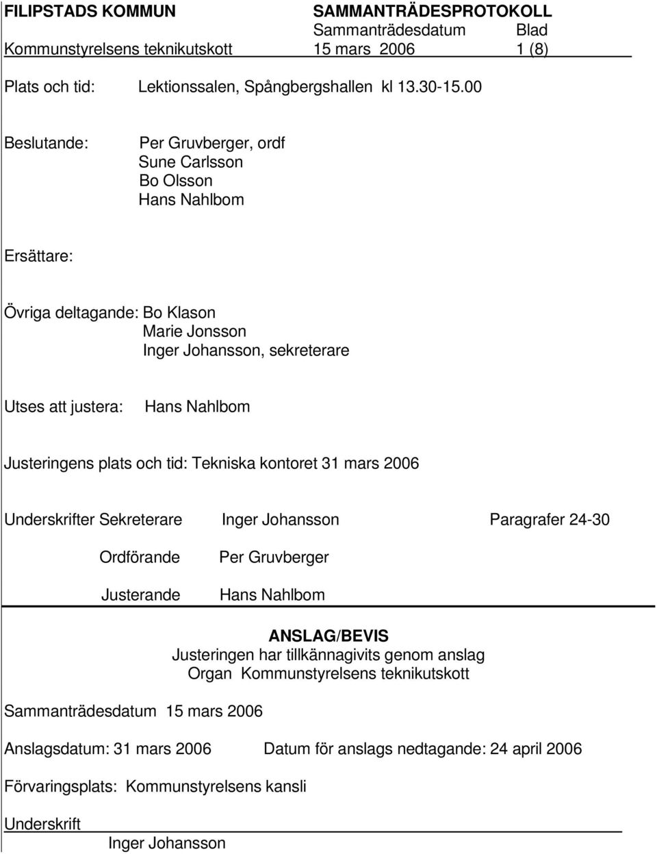 Hans Nahlbom Justeringens plats och tid: Tekniska kontoret 31 mars 2006 Underskrifter Sekreterare Inger Johansson Paragrafer 24-30 Ordförande Justerande Per Gruvberger Hans