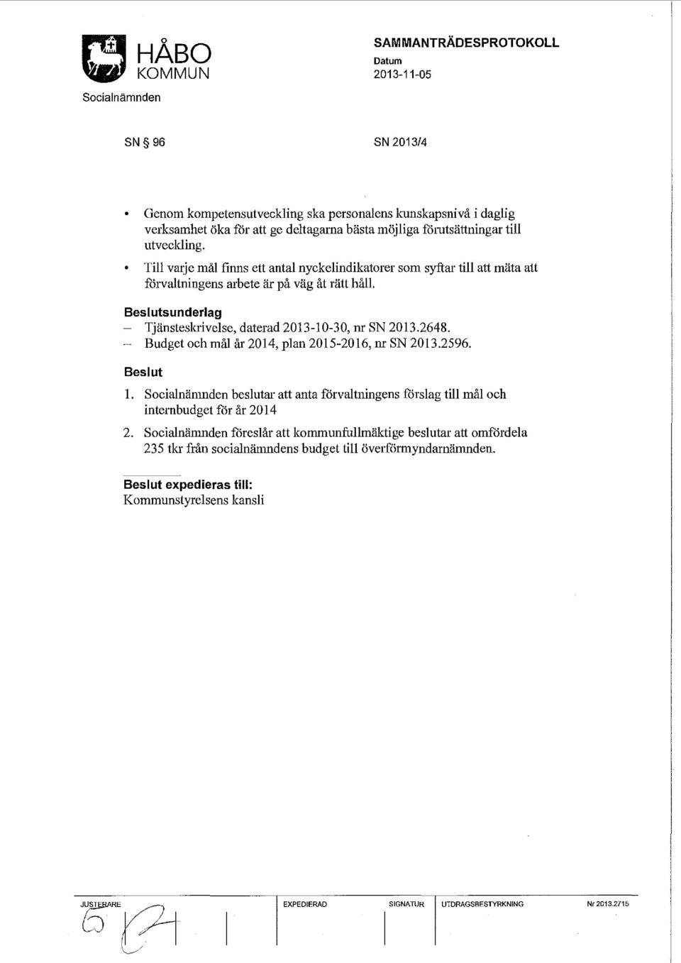 2648. - Budget och mål år 2014, plan 2015-2016, nr SN 2013.2596. l. Socialnänmden beslutar att anta förvaltningens förslag till mål och internbudget for år 2014 2.