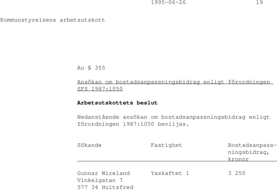 bostadsanpassningsbidrag enligt förordningen 1987:1050 beviljas.