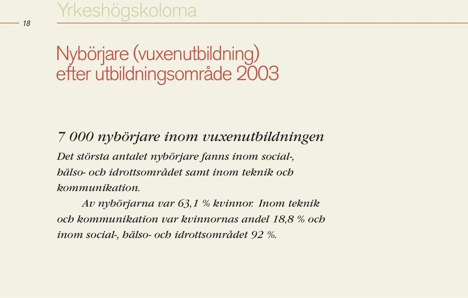 idrottsområdet samt inom teknik och kommunikation. Av nybörjarna var 63,1 % kvinnor.