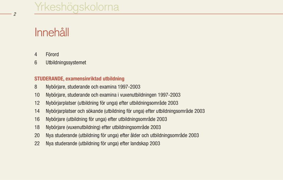 Nybörjarplatser och sökande (utbildning för unga) efter utbildningsområde 2003 16 Nybörjare (utbildning för unga) efter utbildningsområde 2003 18 Nybörjare