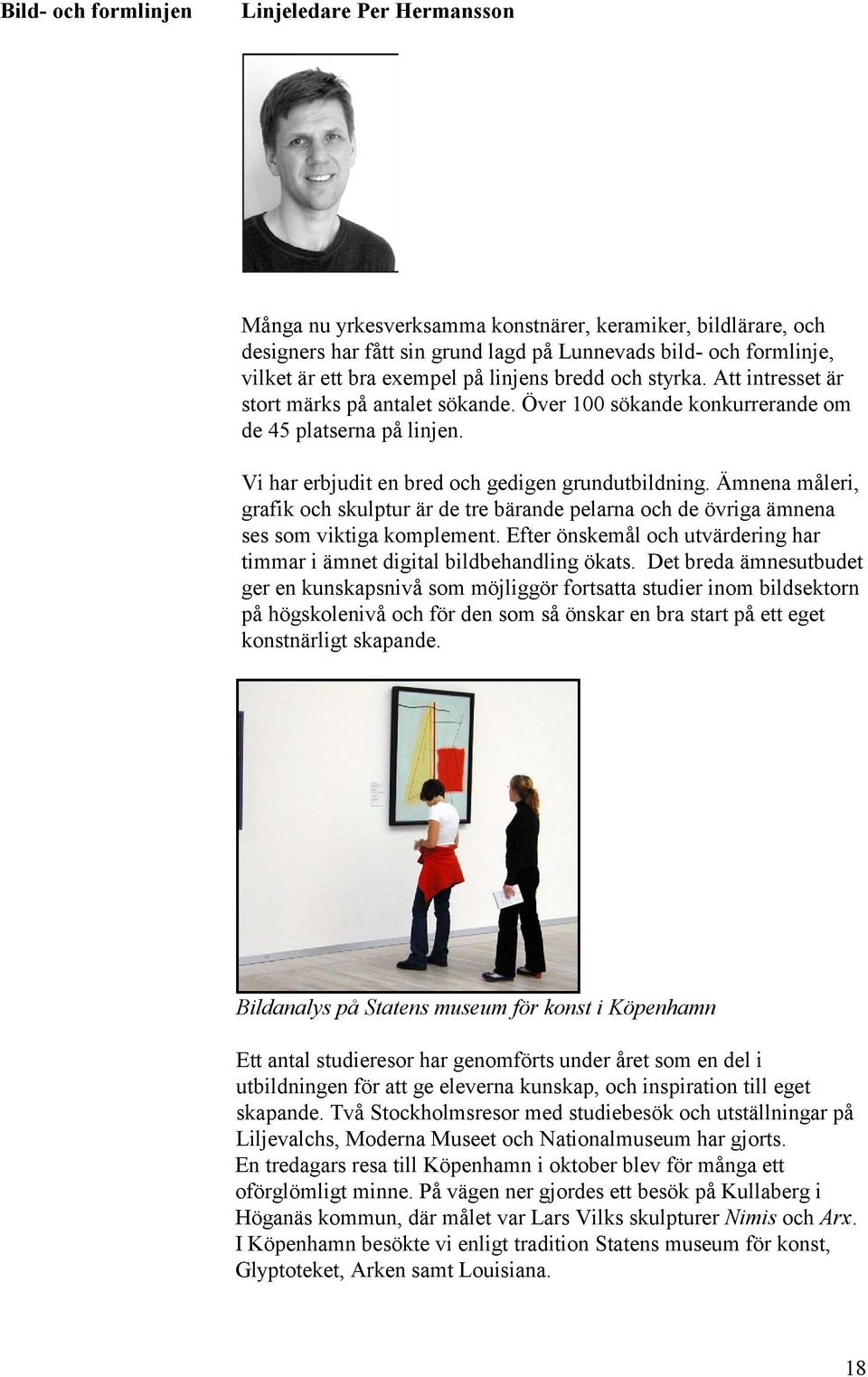 Ämnena måleri, grafik och skulptur är de tre bärande pelarna och de övriga ämnena ses som viktiga komplement. Efter önskemål och utvärdering har timmar i ämnet digital bildbehandling ökats.