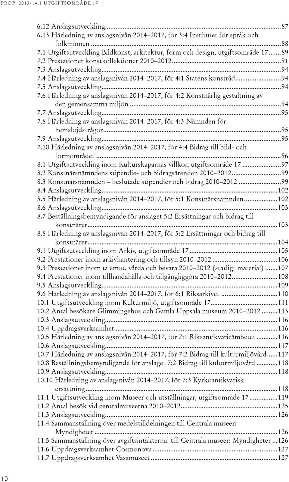 4 Härledning av anslagsnivån 2014 2017, för 4:1 Statens konstråd... 94 7.5 Anslagsutveckling... 94 7.6 Härledning av anslagsnivån 2014 2017, för 4:2 Konstnärlig gestaltning av den gemensamma miljön.