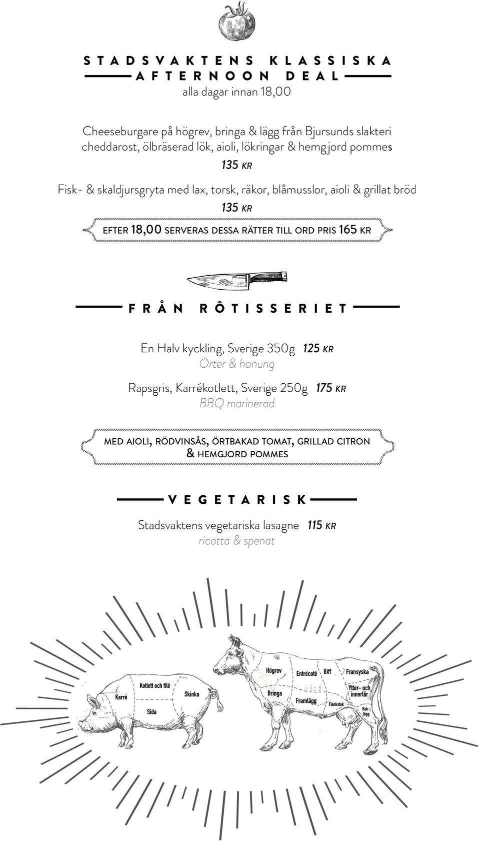 serveras dessa rätter till ord pris 165 kr F R Å N R Ô T I S S E R I E T En Halv kyckling, Sverige 350g 1 Örter & honung Rapsgris, Karrékotlett, Sverige 250g