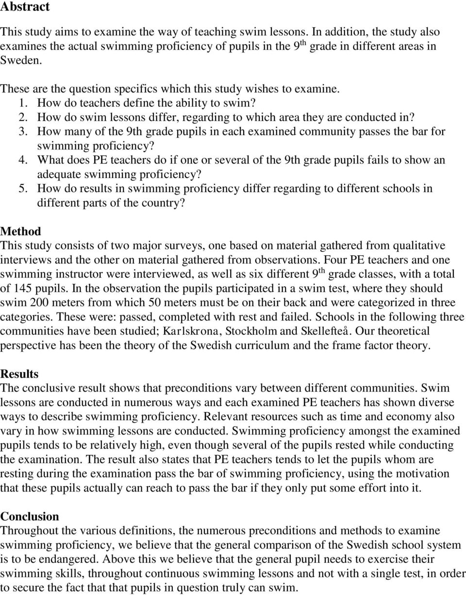 How many of the 9th grade pupils in each examined community passes the bar for swimming proficiency? 4.