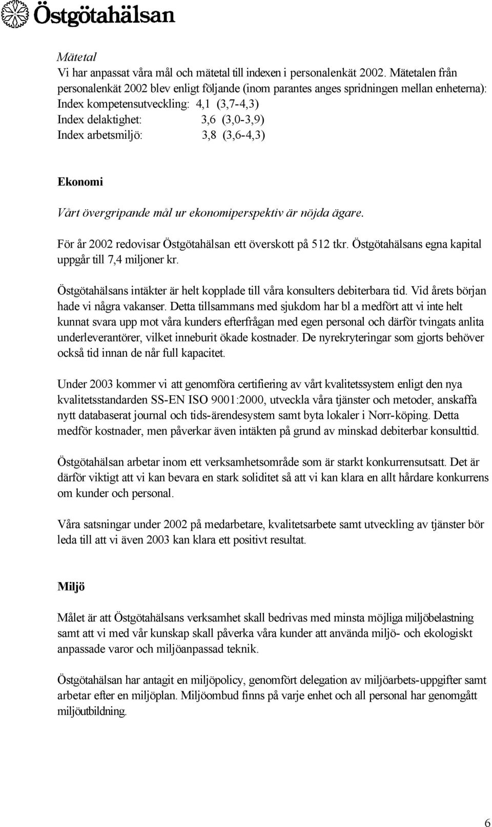 3,8 (3,6-4,3) Ekonomi Vårt övergripande mål ur ekonomiperspektiv är nöjda ägare. För år 2002 redovisar Östgötahälsan ett överskott på 512 tkr. Östgötahälsans egna kapital uppgår till 7,4 miljoner kr.