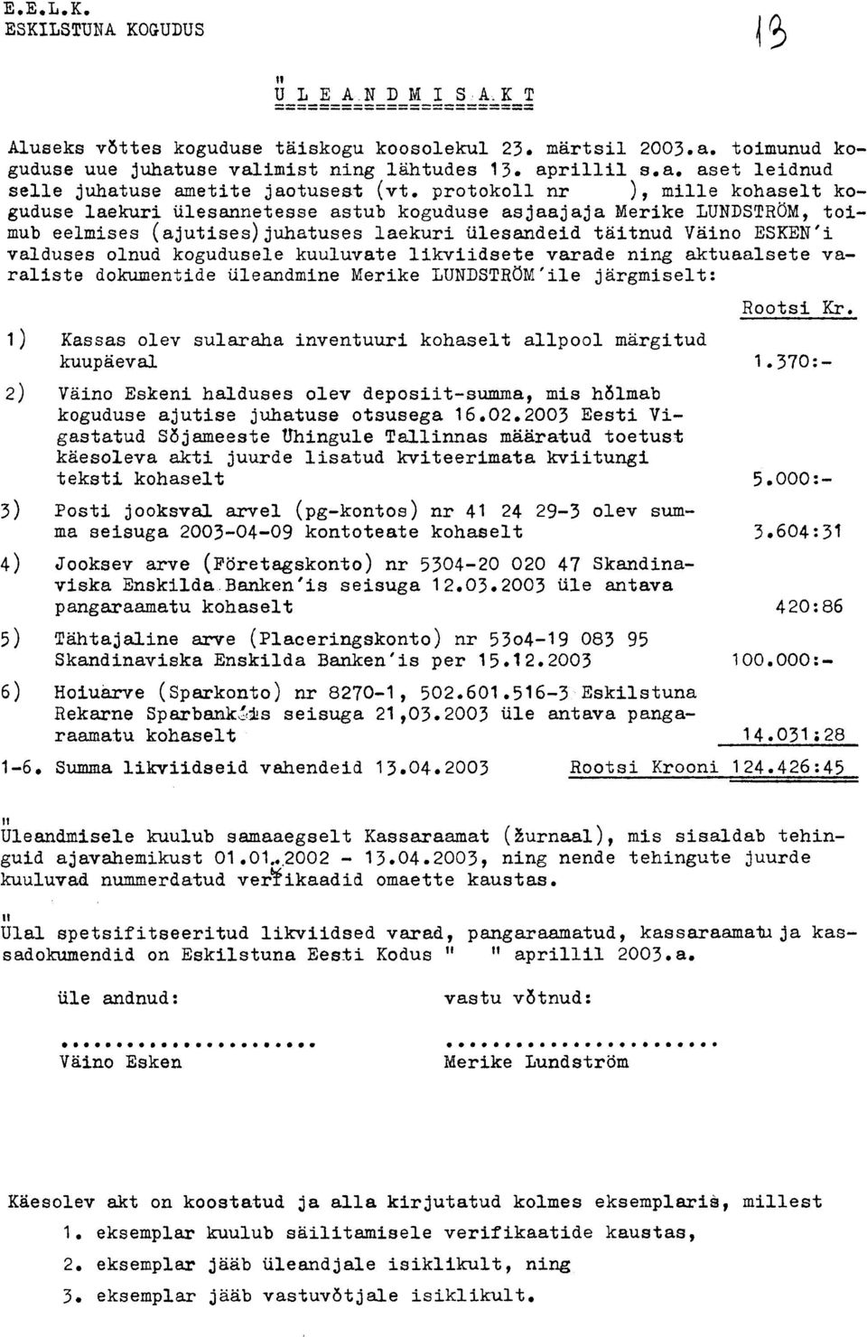 protokoll nr ), mille kohaselt koguduse laekuri ülesannetesse astub koguduse asjaajaja Merike LUNDSTRÖM, toimub eelmises (ajutises)juhatuses laekuri ülesandeid täitnud Väino ESKEN'i valduses olnud