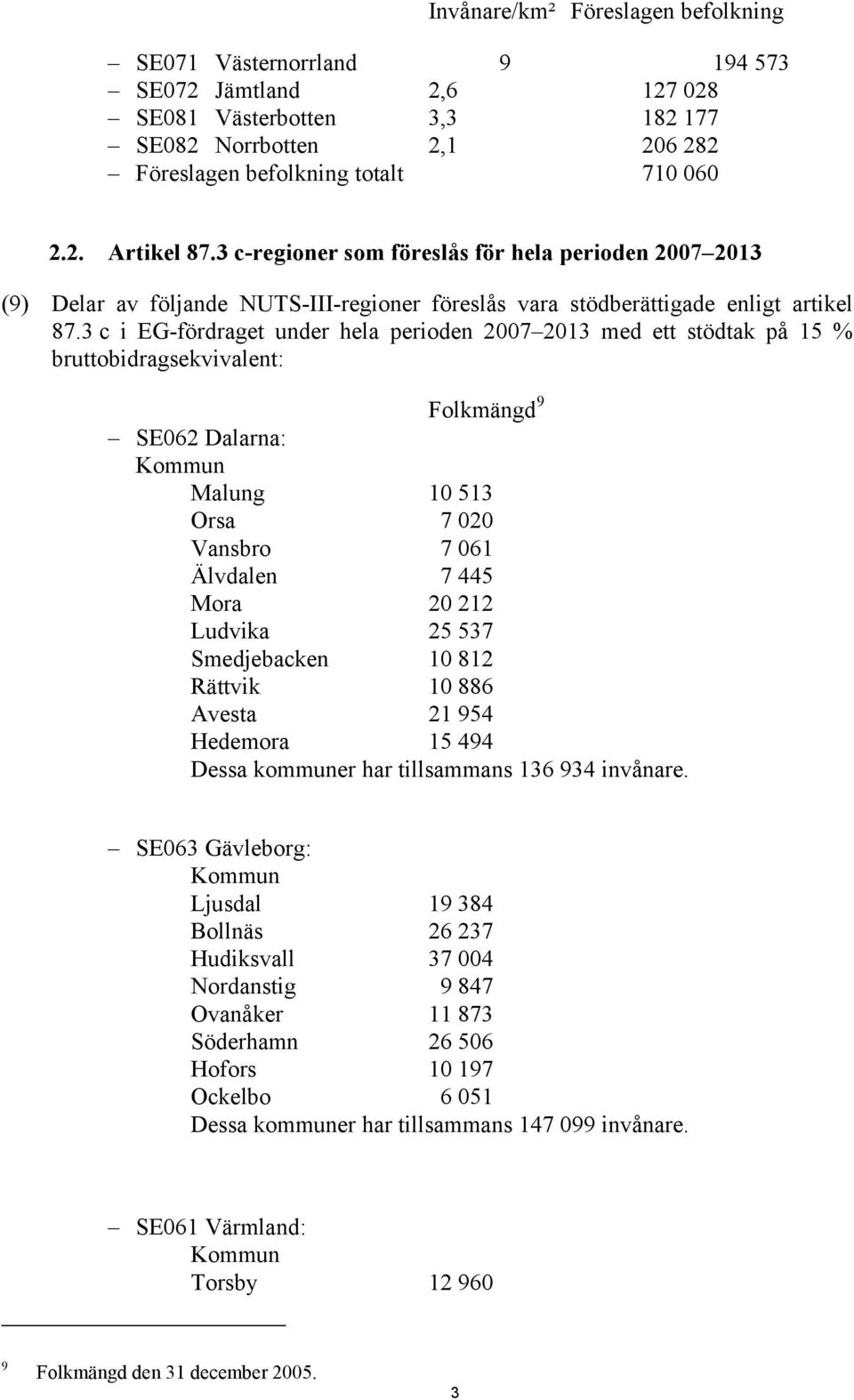 3 c i EG-fördraget under hela perioden 2007 2013 med ett stödtak på bruttobidragsekvivalent: Folkmängd 9 SE062 Dalarna: Malung 10 513 Orsa 7 020 Vansbro 7 061 Älvdalen 7 445 Mora 20 212 Ludvika 25