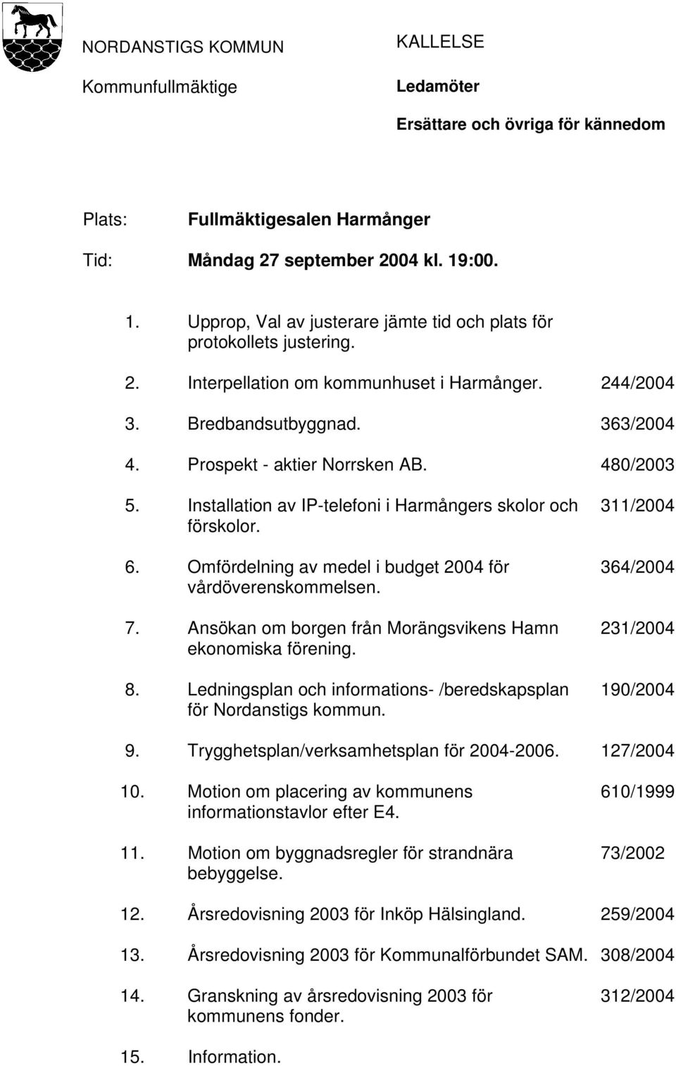 Prospekt - aktier Norrsken AB. 480/2003 5. Installation av IP-telefoni i Harmångers skolor och förskolor. 6. Omfördelning av medel i budget 2004 för vårdöverenskommelsen. 7.