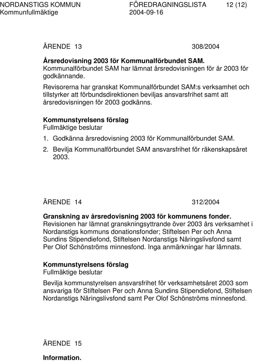 Godkänna årsredovisning 2003 för Kommunalförbundet SAM. 2. Bevilja Kommunalförbundet SAM ansvarsfrihet för räkenskapsåret 2003.