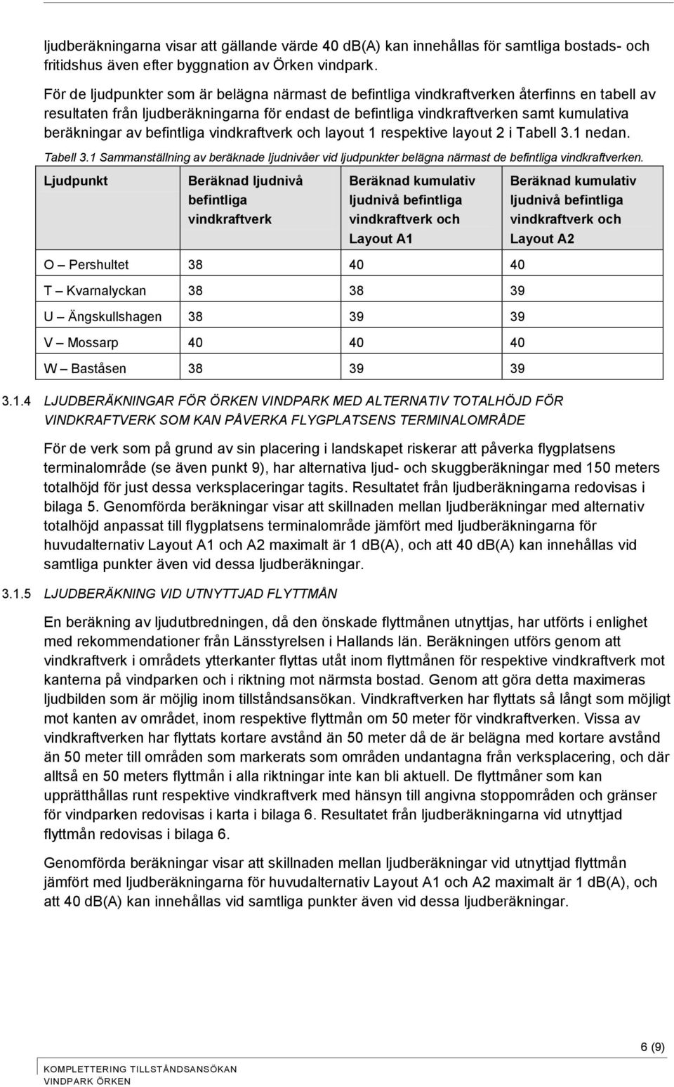 av befintliga vindkraftverk och layout 1 respektive layout 2 i Tabell 3.1 nedan. Tabell 3.1 Sammanställning av beräknade ljudnivåer vid ljudpunkter belägna närmast de befintliga vindkraftverken.