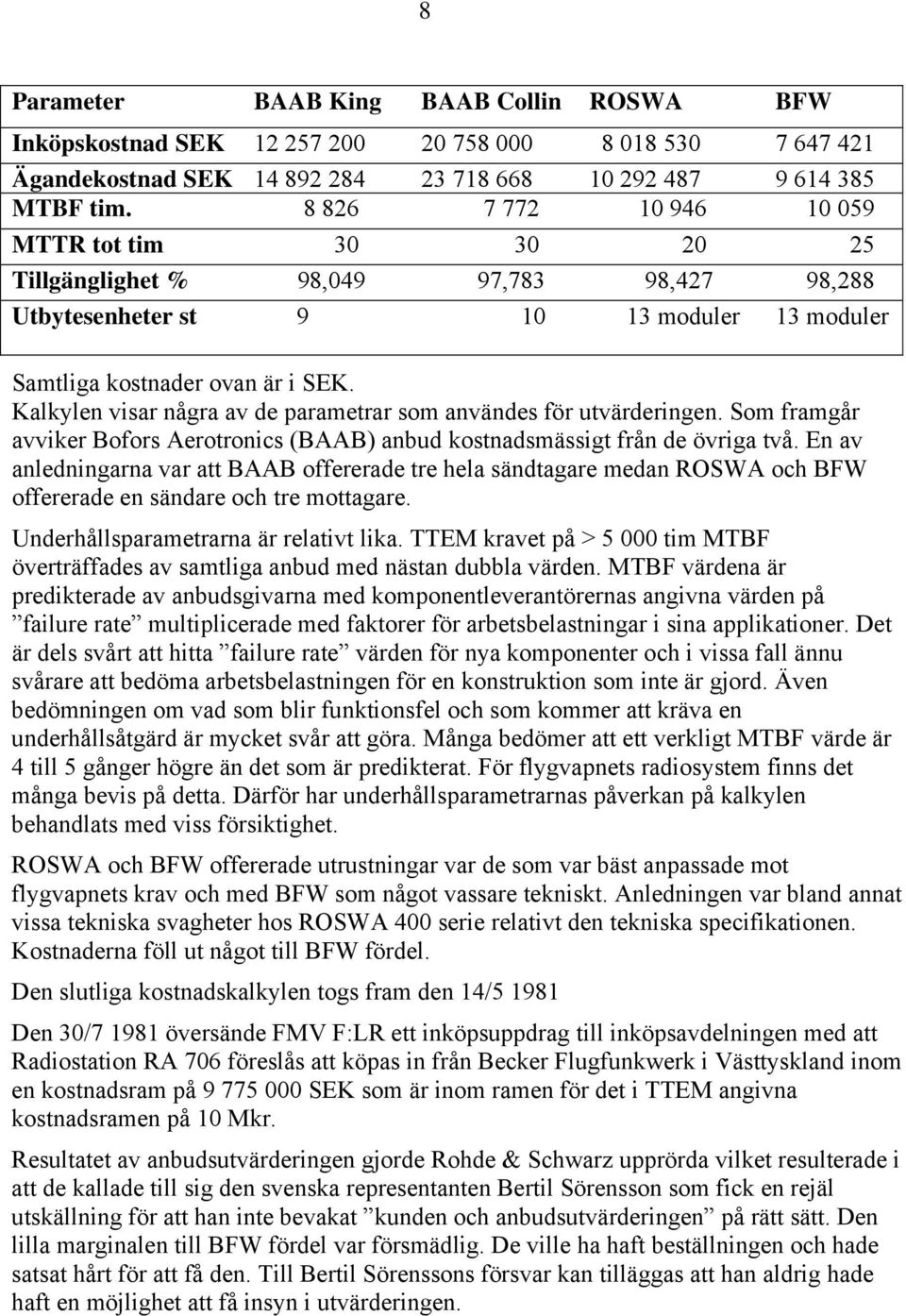 Kalkylen visar några av de parametrar som användes för utvärderingen. Som framgår avviker Bofors Aerotronics (BAAB) anbud kostnadsmässigt från de övriga två.