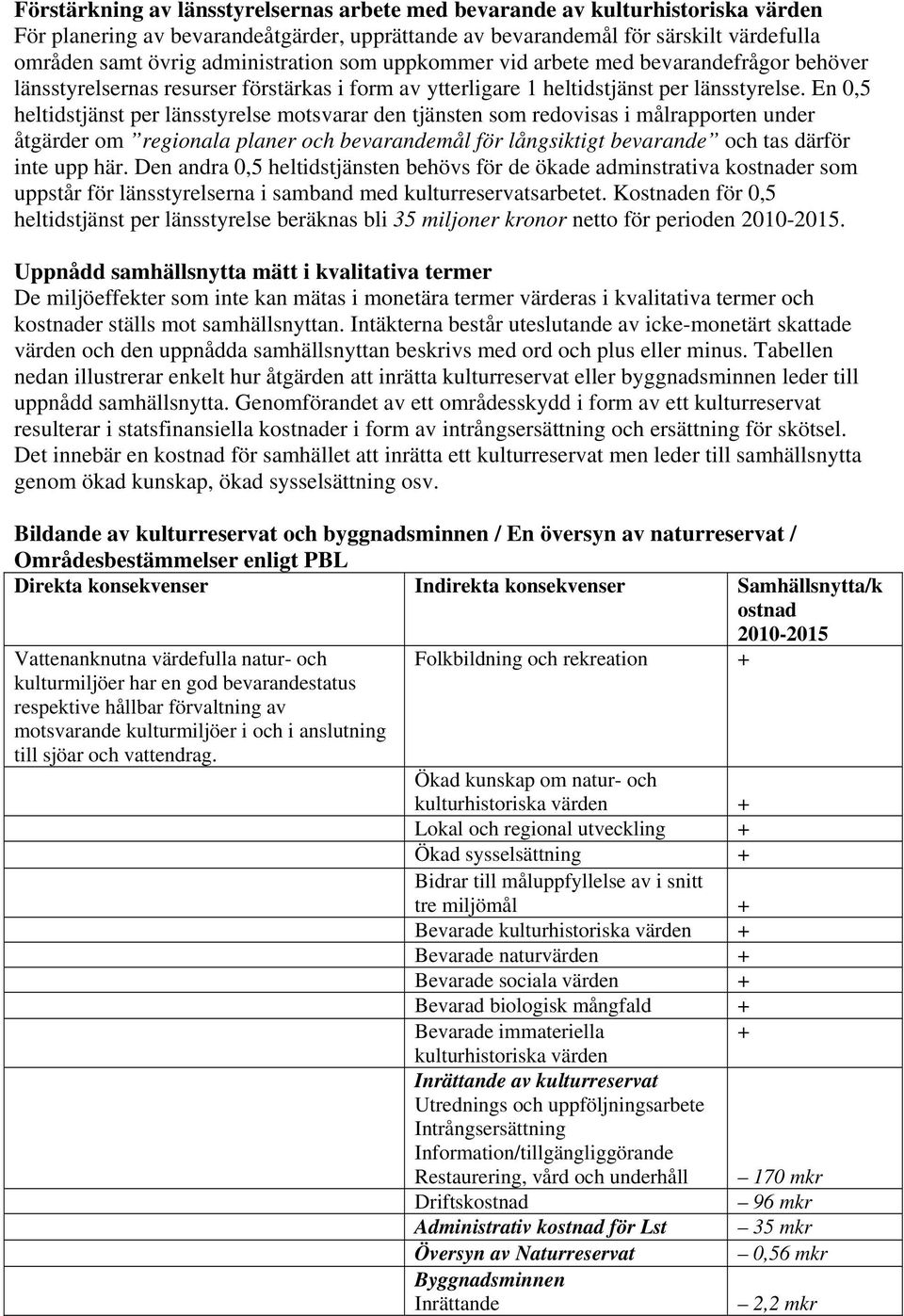 En 0,5 heltidstjänst per länsstyrelse motsvarar den tjänsten som redovisas i målrapporten under åtgärder om regionala planer och bevarandemål för långsiktigt bevarande och tas därför inte upp här.