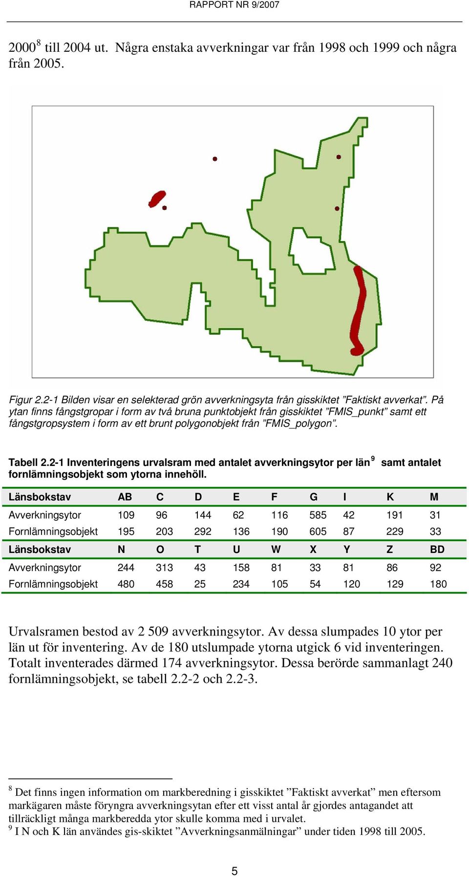 2-1 Inventeringens urvalsram med antalet avverkningsytor per län 9 fornlämningsobjekt som ytorna innehöll.