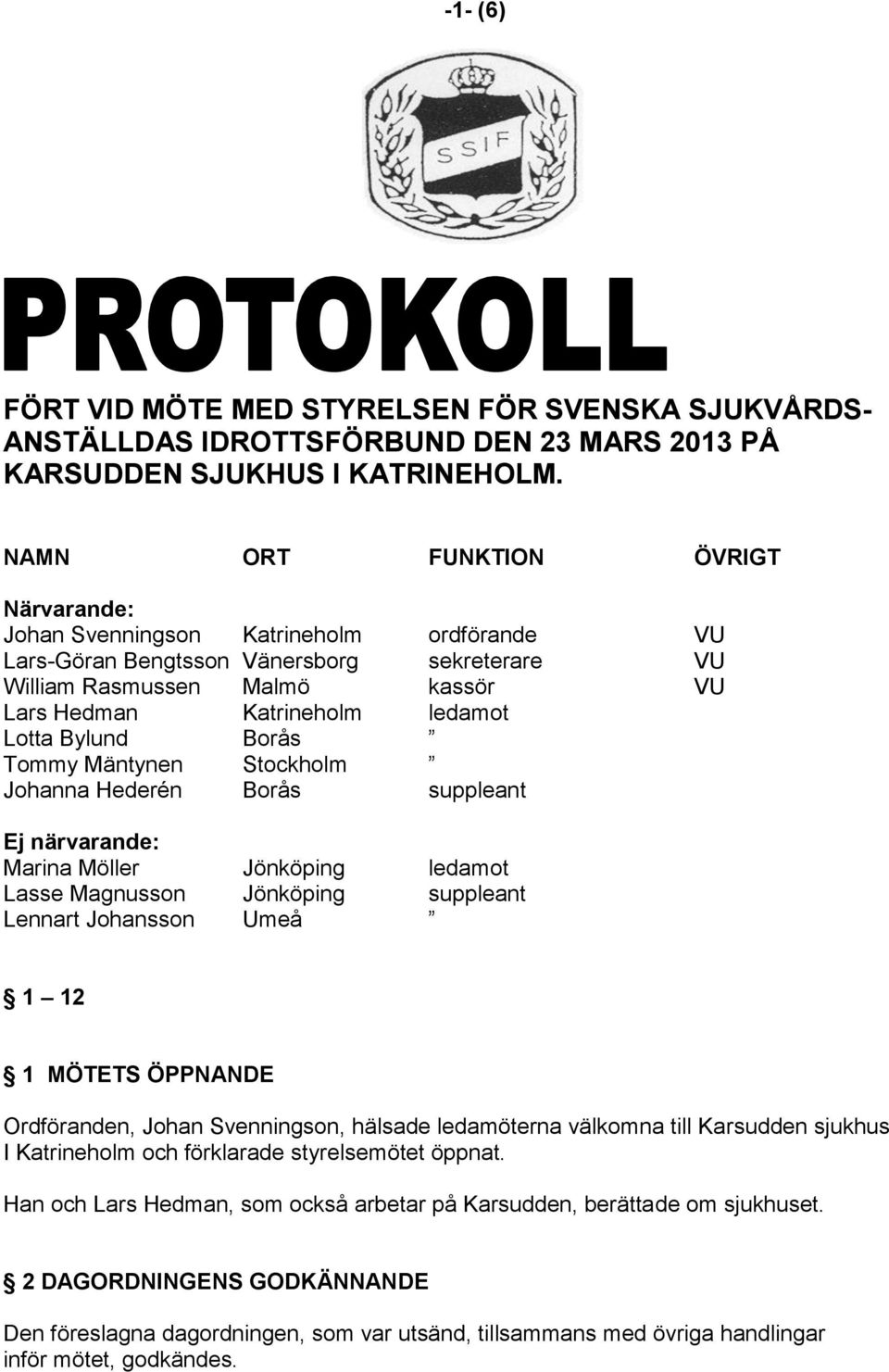 Bylund Borås Tommy Mäntynen Stockholm Johanna Hederén Borås suppleant Ej närvarande: Marina Möller Jönköping ledamot Lasse Magnusson Jönköping suppleant Lennart Johansson Umeå 1 12 1 MÖTETS ÖPPNANDE