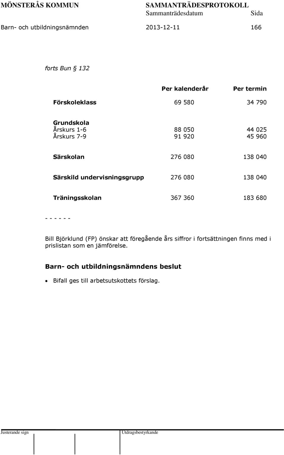 undervisningsgrupp 276 080 138 040 Träningsskolan 367 360 183 680 - - - - - - Bill Björklund (FP) önskar att