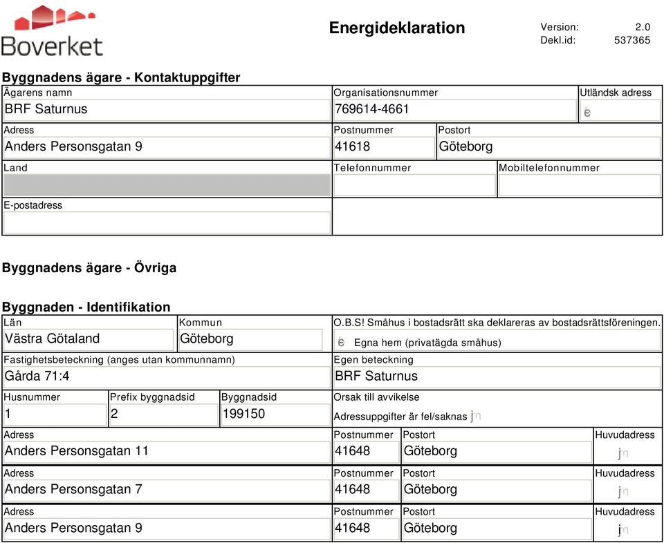 Mobiltelefonnummer E-postadress Byggnadens ägare - Övriga Byggnaden - Identifikation Län Västra Götaland Kommun Fastighetsbeteckning (anges utan kommunnamn) Gårda 71:4 O.B.S!