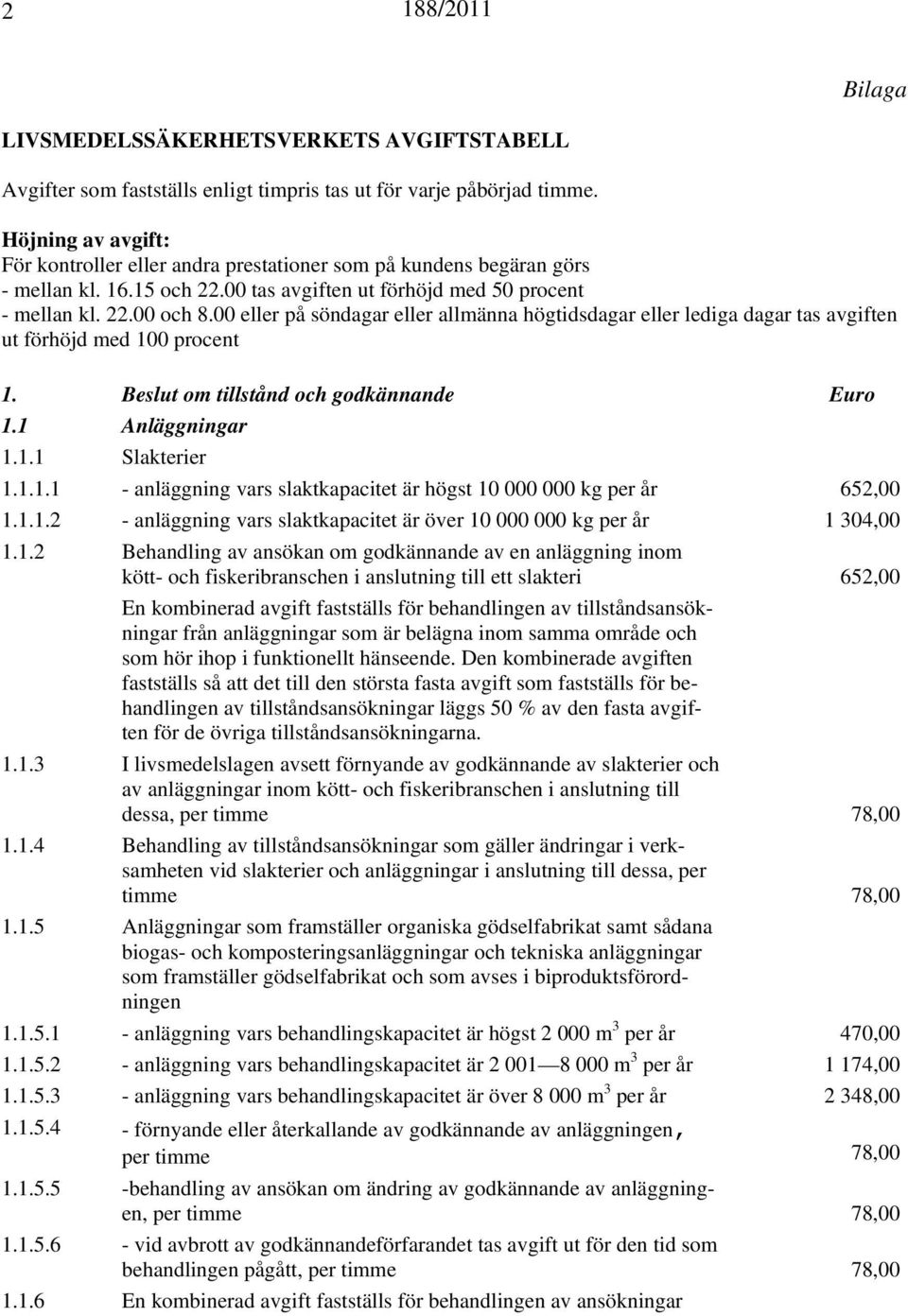 00 eller på söndagar eller allmänna högtidsdagar eller lediga dagar tas avgiften ut förhöjd med 100 procent 1. Beslut om tillstånd och godkännande Euro 1.1 Anläggningar 1.1.1 Slakterier 1.1.1.1 - anläggning vars slaktkapacitet är högst 10 000 000 kg per år 652,00 1.