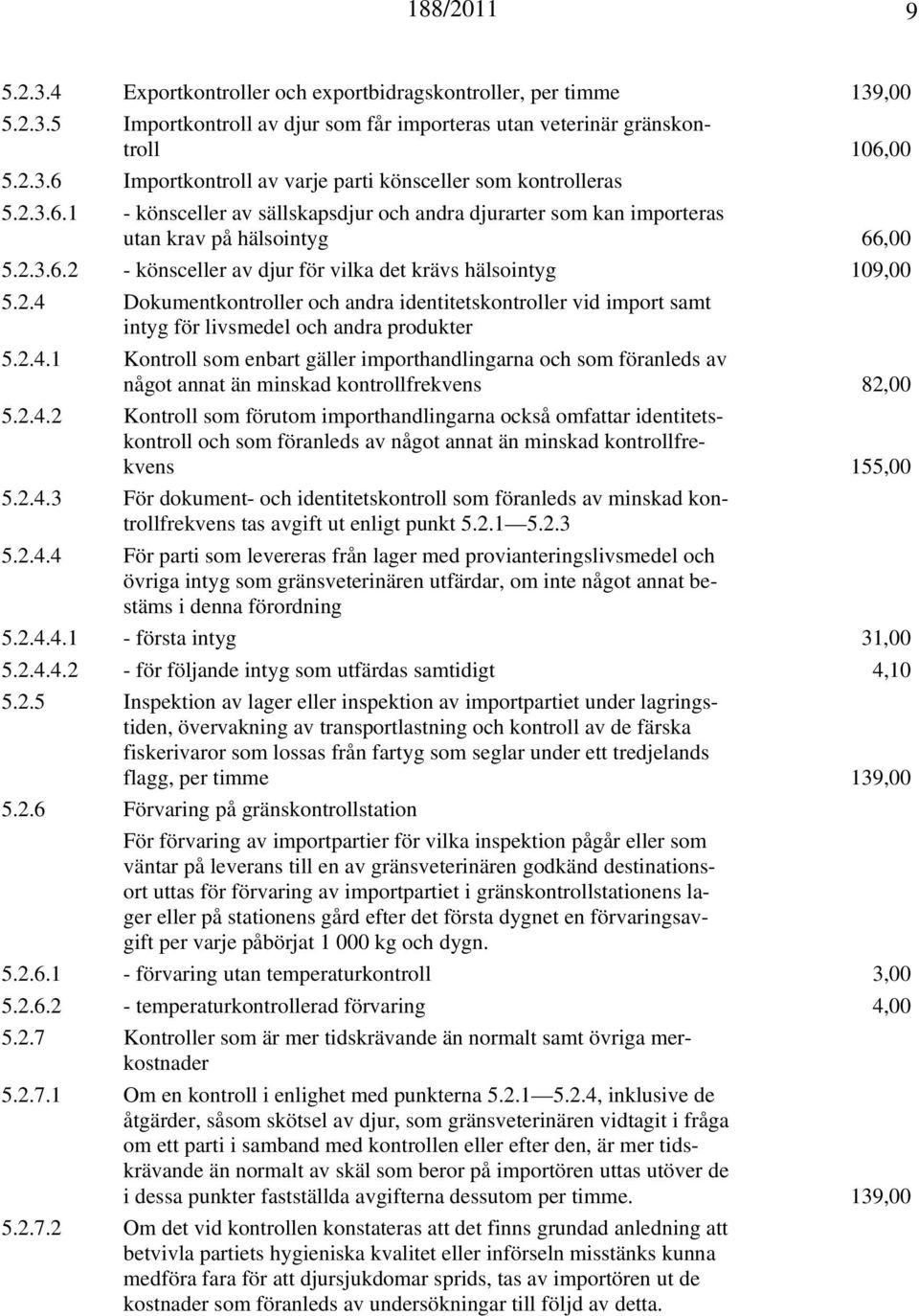 2.4.1 Kontroll som enbart gäller importhandlingarna och som föranleds av något annat än minskad kontrollfrekvens 82,00 5.2.4.2 Kontroll som förutom importhandlingarna också omfattar identitetskontroll och som föranleds av något annat än minskad kontrollfrekvens 155,00 5.