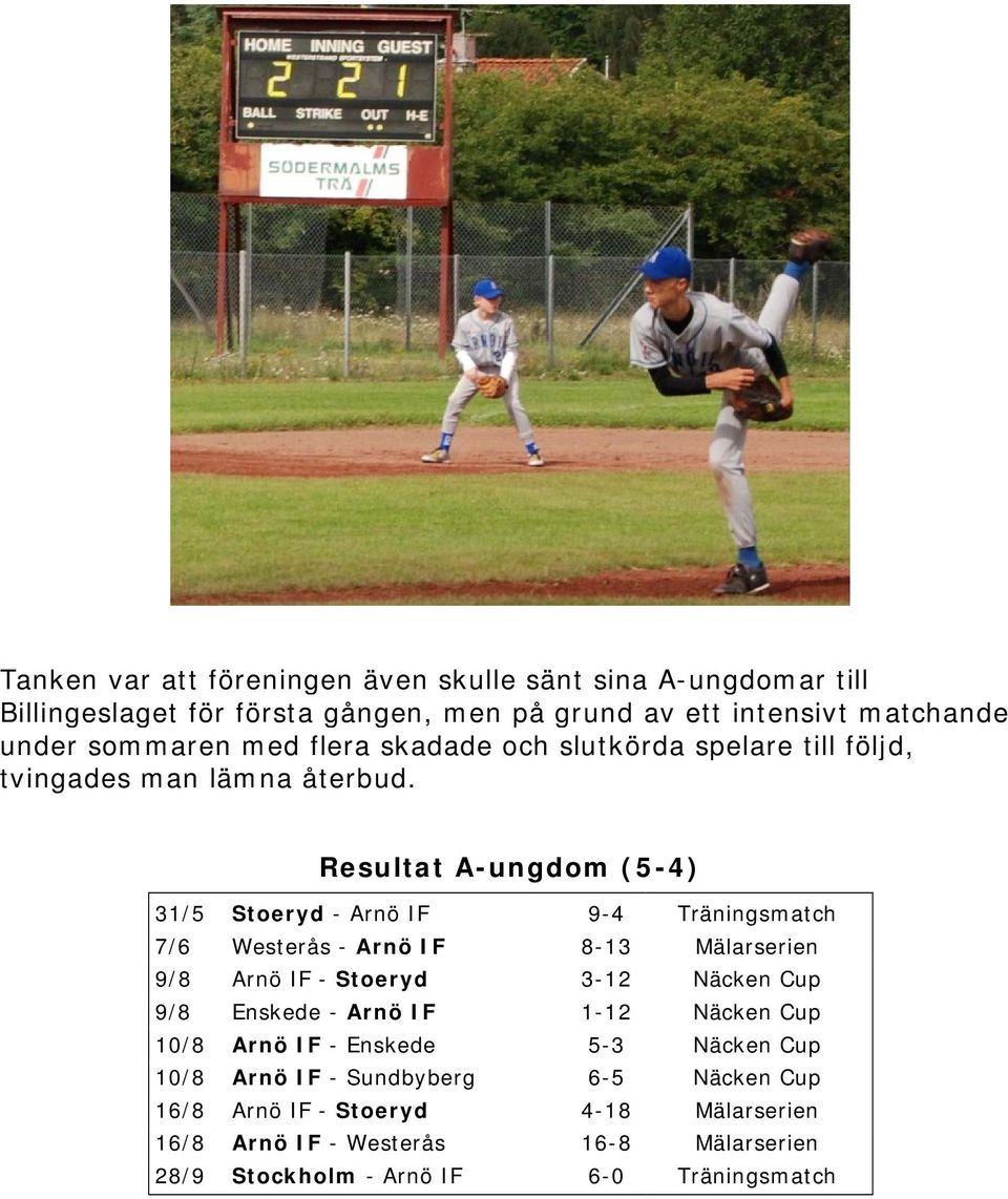 Resultat A-ungdom (5-4) 31/5 Stoeryd - Arnö IF 9-4 Träningsmatch 7/6 Westerås - Arnö IF 8-13 Mälarserien 9/8 Arnö IF - Stoeryd 3-12 Näcken Cup 9/8 Enskede