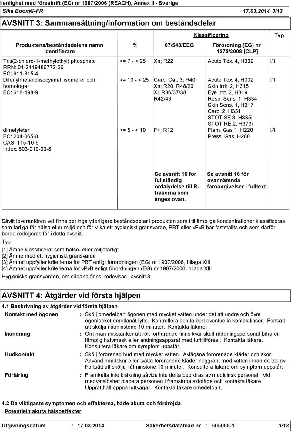 Difenylmetandiisocyanat, isomerer och homologer EC 618-498-9 dimetyleter EC 204-065-8 CAS 115-10-6 Index 603-019-00-8 % 67/548/EEG >= 7 - < 25 Xn; R22 Acute Tox. 4, H302 [1] >= 10 - < 25 Carc. Cat.