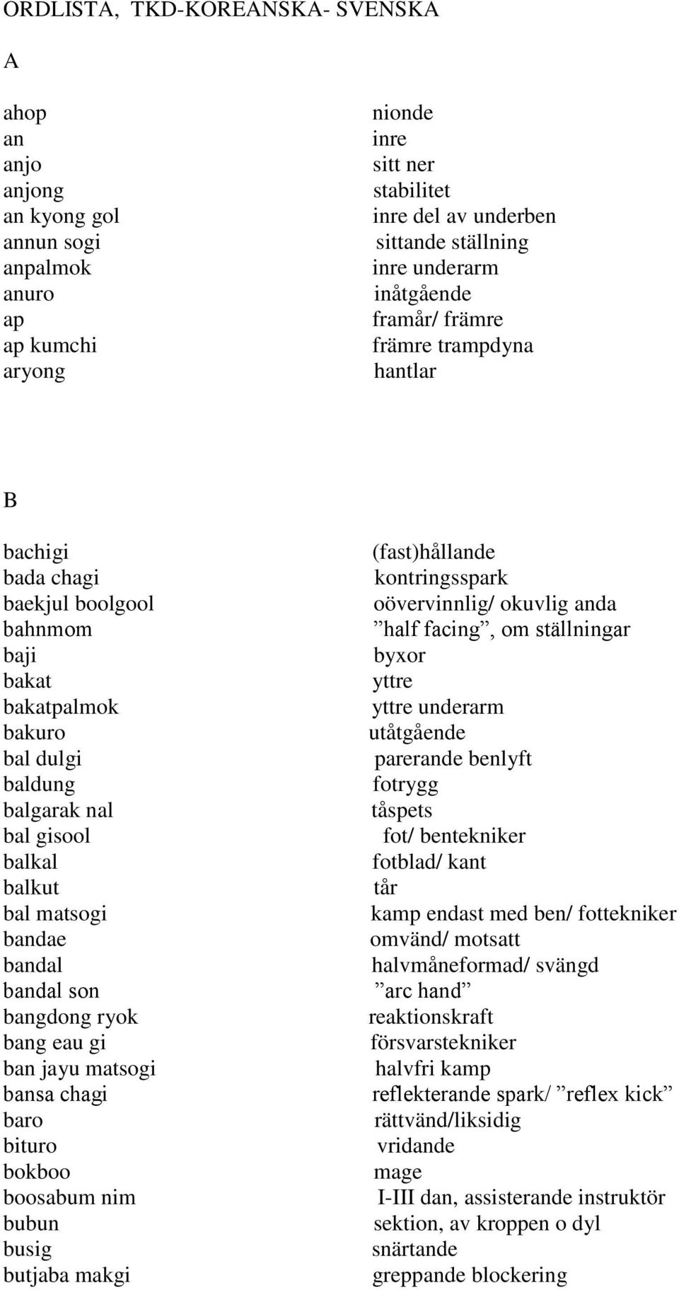 bandae bandal bandal son bangdong ryok bang eau gi ban jayu matsogi bansa chagi baro bituro bokboo boosabum nim bubun busig butjaba makgi (fast)hållande kontringsspark oövervinnlig/ okuvlig anda half