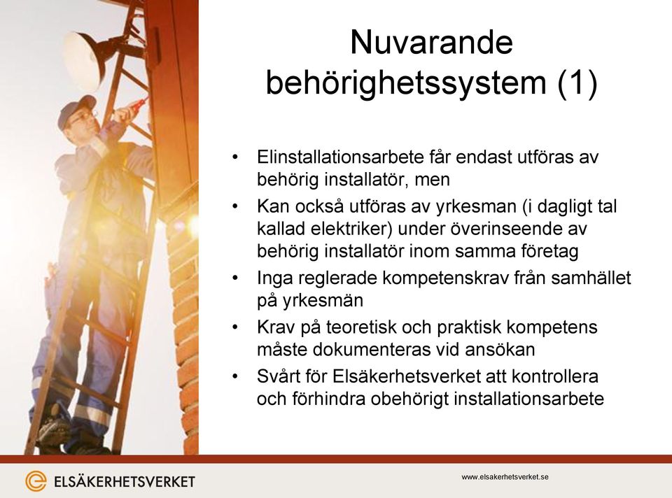 företag Inga reglerade kompetenskrav från samhället på yrkesmän Krav på teoretisk och praktisk kompetens måste