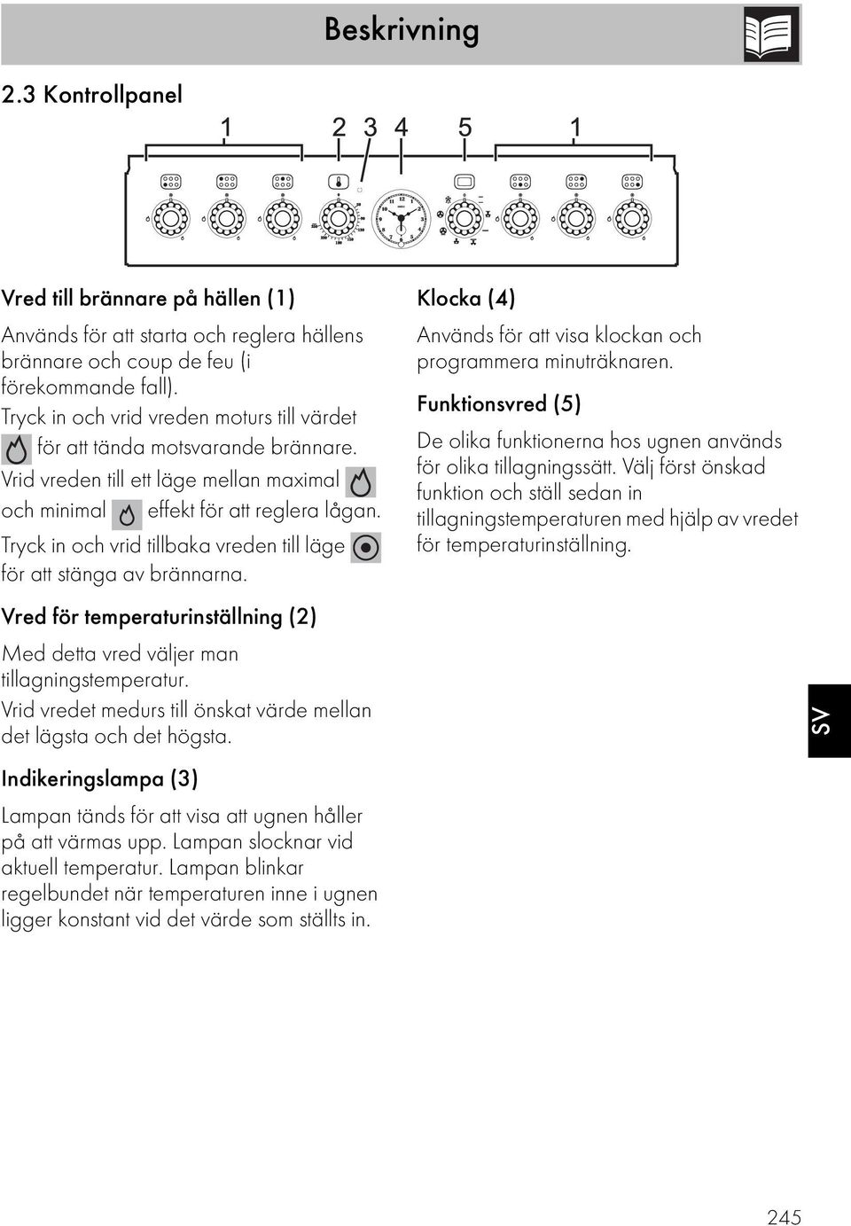 Tryck in och vrid tillbaka vreden till läge för att stänga av brännarna. Vred för temperaturinställning (2) Med detta vred väljer man tillagningstemperatur.