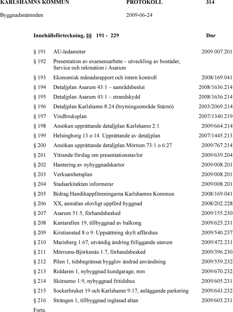 041 194 Detaljplan Asarum 43:1 samrådsbeslut 2008/1636.214 195 Detaljplan Asarum 43:1 strandskydd 2008/1636.214 196 Detaljplan Karlshamn 8:24 (brytningsområde Stärnö) 2003/2069.